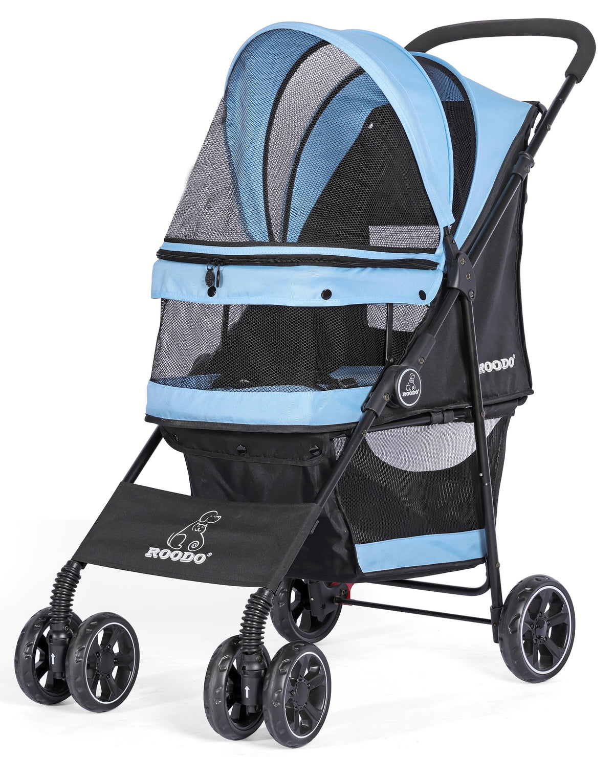ROODO 4-wheel pet stroller folded for easy car trunk storage.