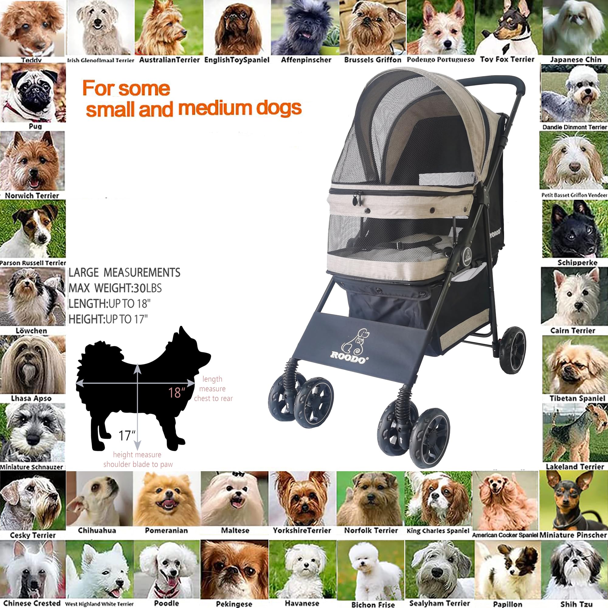 ROODO 4‑Wheel Pet Stroller folded state shows compact, trunk‑friendly design for travel.