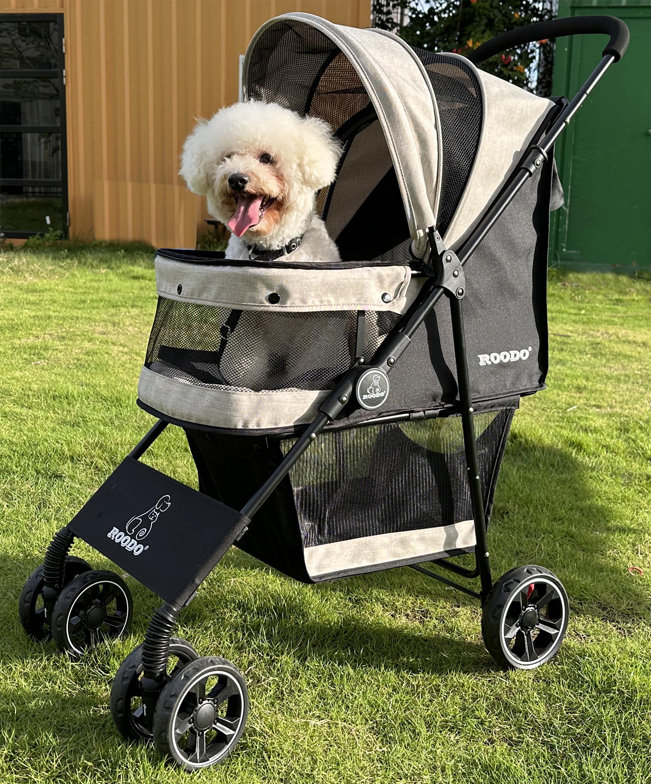 ROODO 4‑Wheel Pet Stroller front view with breathable mesh and roomy cabin.