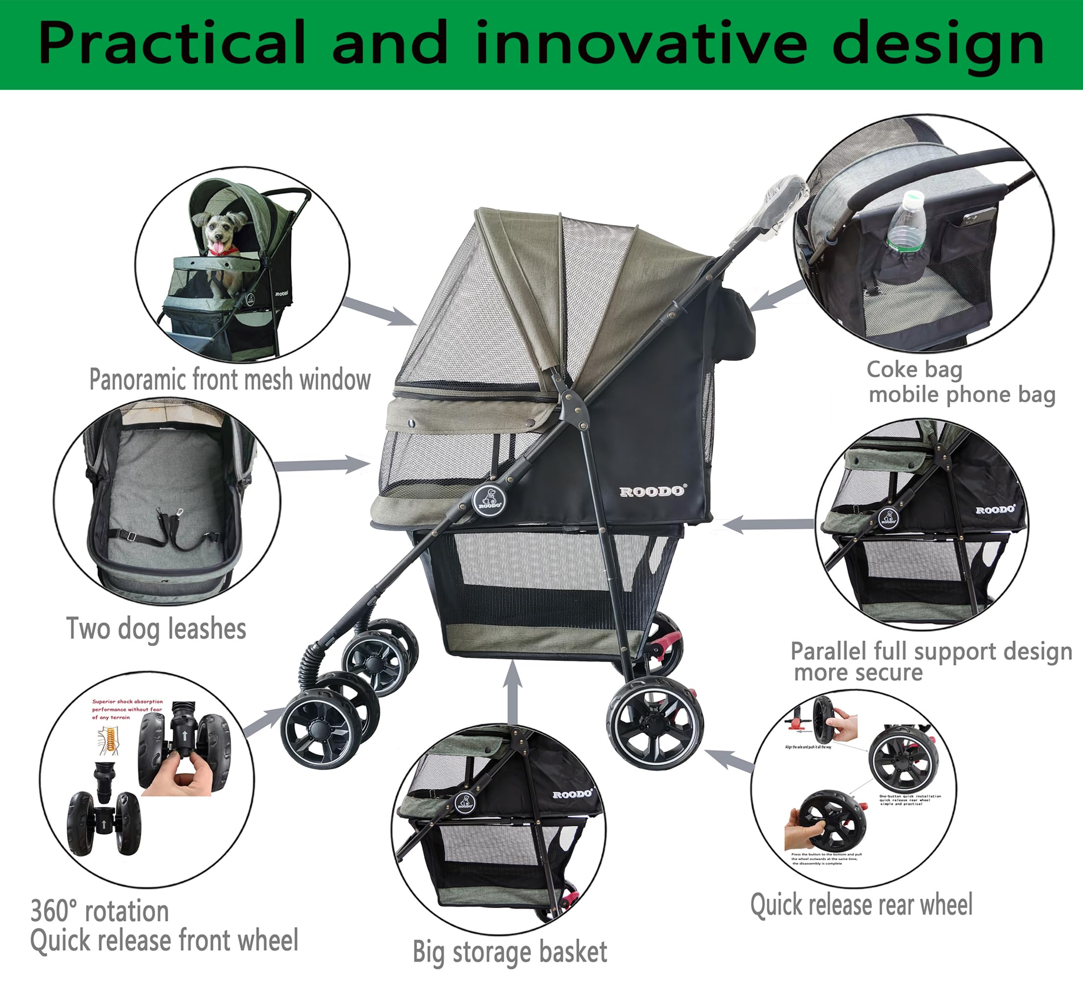 ROODO 5.5-inch front wheel rotates 360 degrees for easy turning