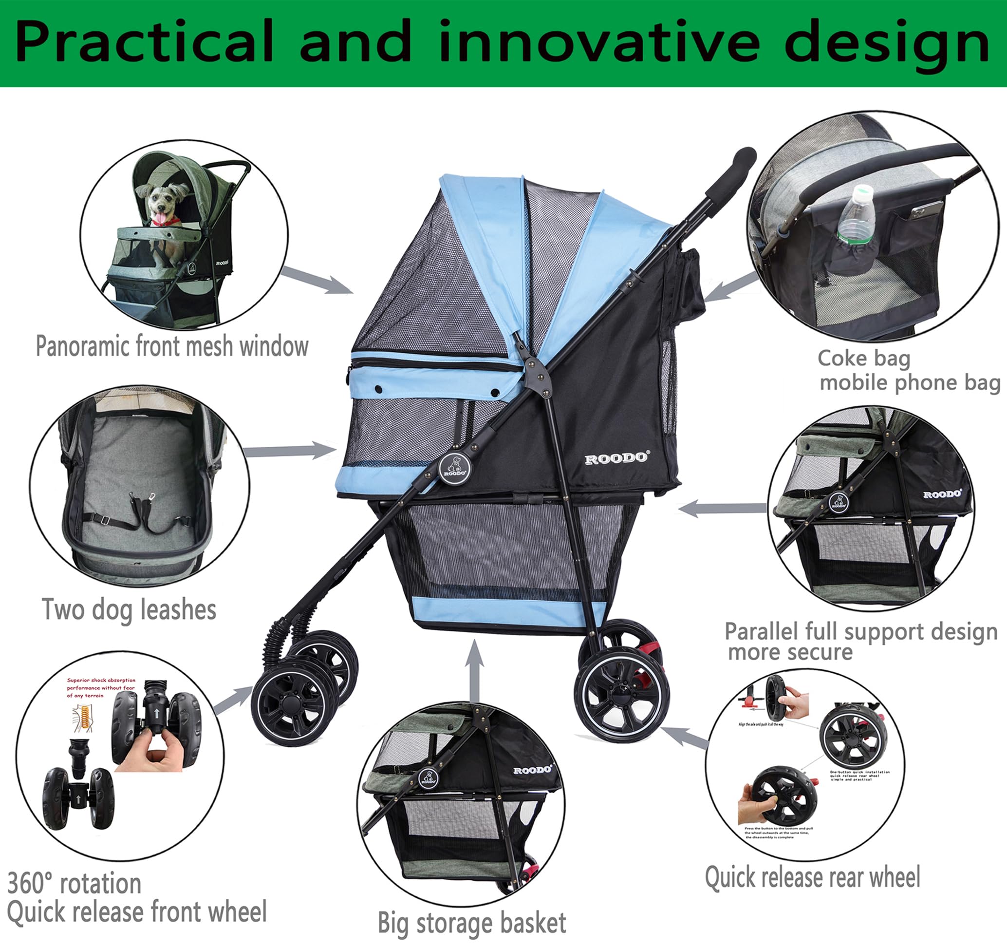 ROODO stroller storage basket keeps essentials within reach.