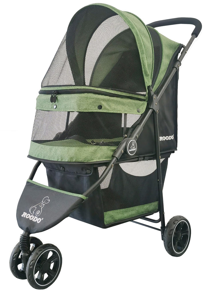 ROODO three-wheel pet stroller delivers a smooth ride for small dogs and cats