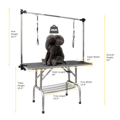 ROOMTEC adjustable arm demonstrates height flexibility for various dog sizes.
