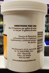 Rooster Booster 8oz container showcases natural vitamins and electrolytes for poultry.