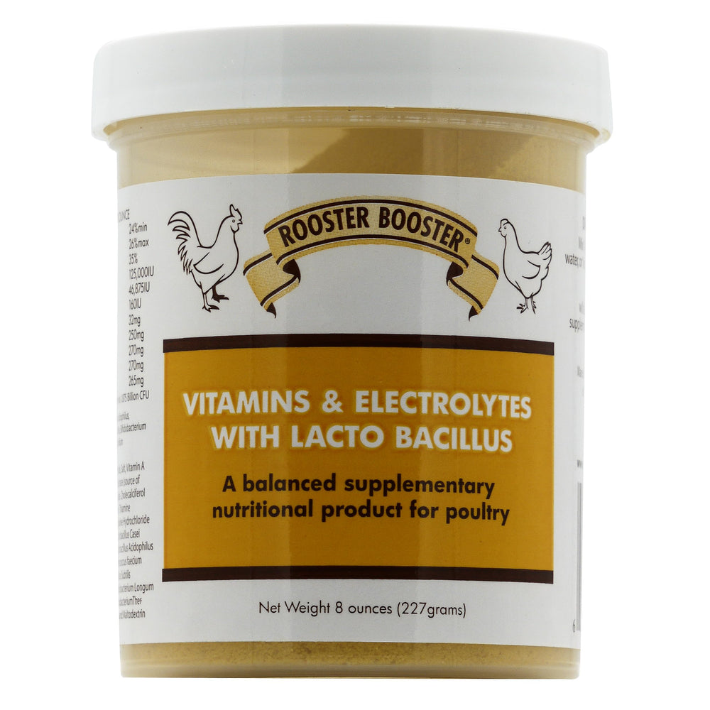Rooster Booster balance bottle pour demonstrates easy dosing for poultry hydration and nutrition.