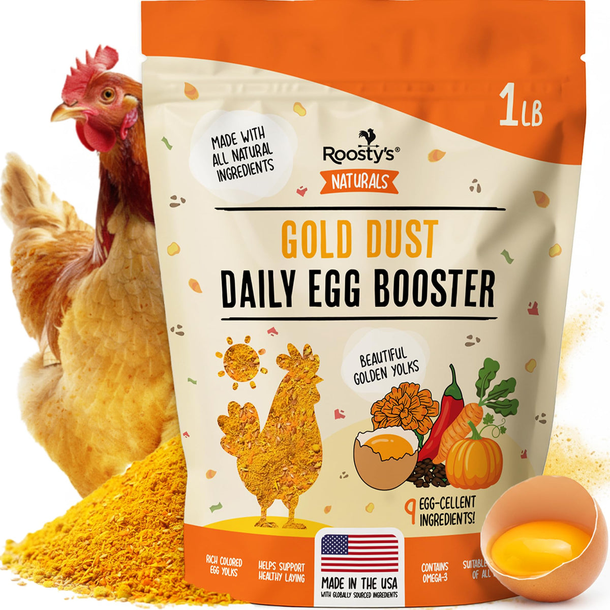 Roosty's Gold Dust Daily Egg Booster bottle ready to sprinkle on feed for golden yolks