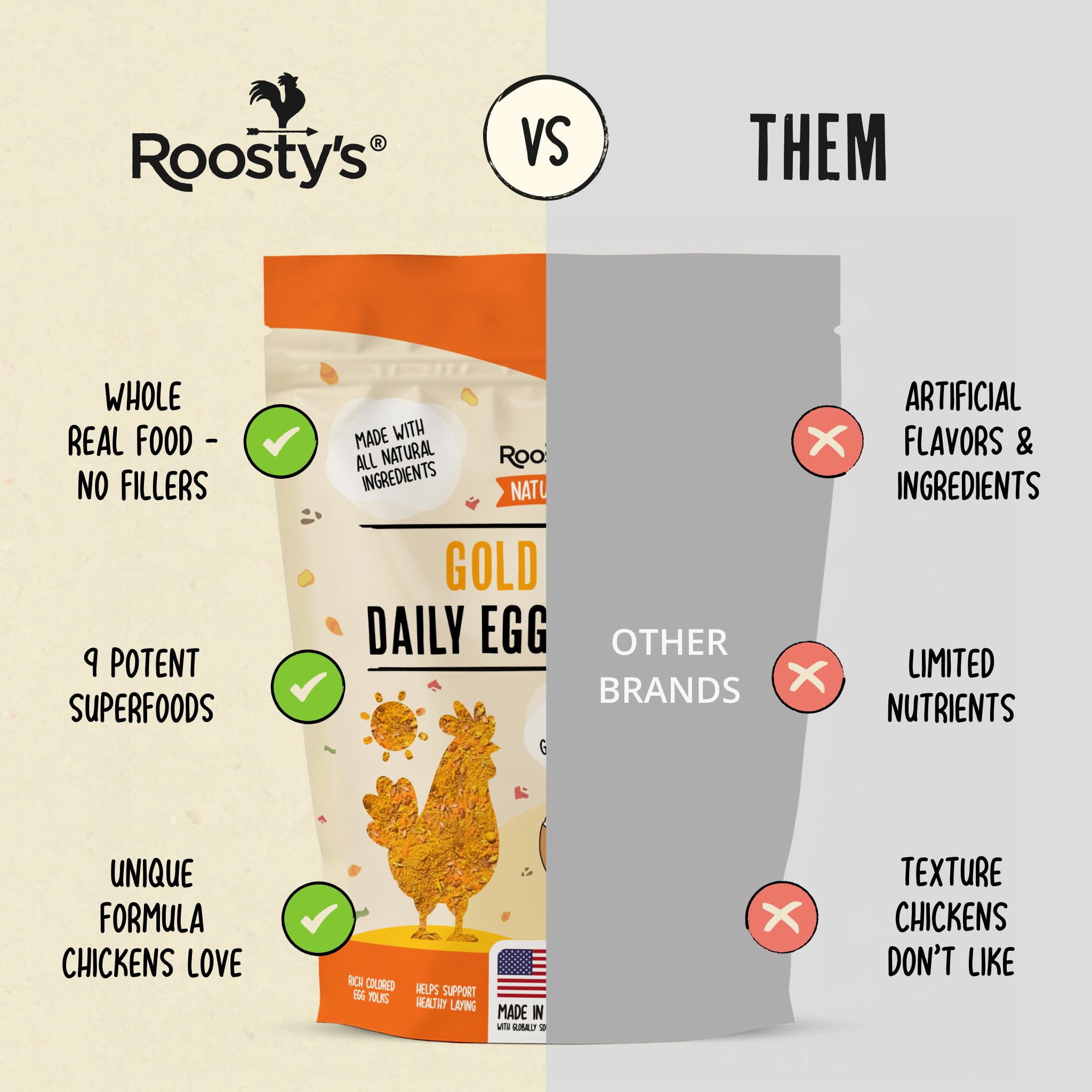 Roosty's Gold Dust ingredients show marigold turmeric carrot pumpkin