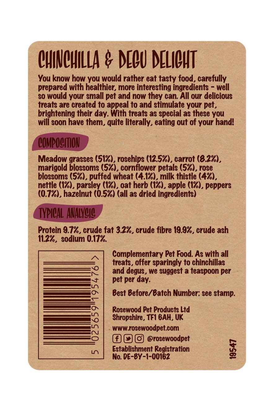 Close-up of Rosewood Naturals Chinchilla & Degu Delight, a fibre-rich snack for small pets during playtime.