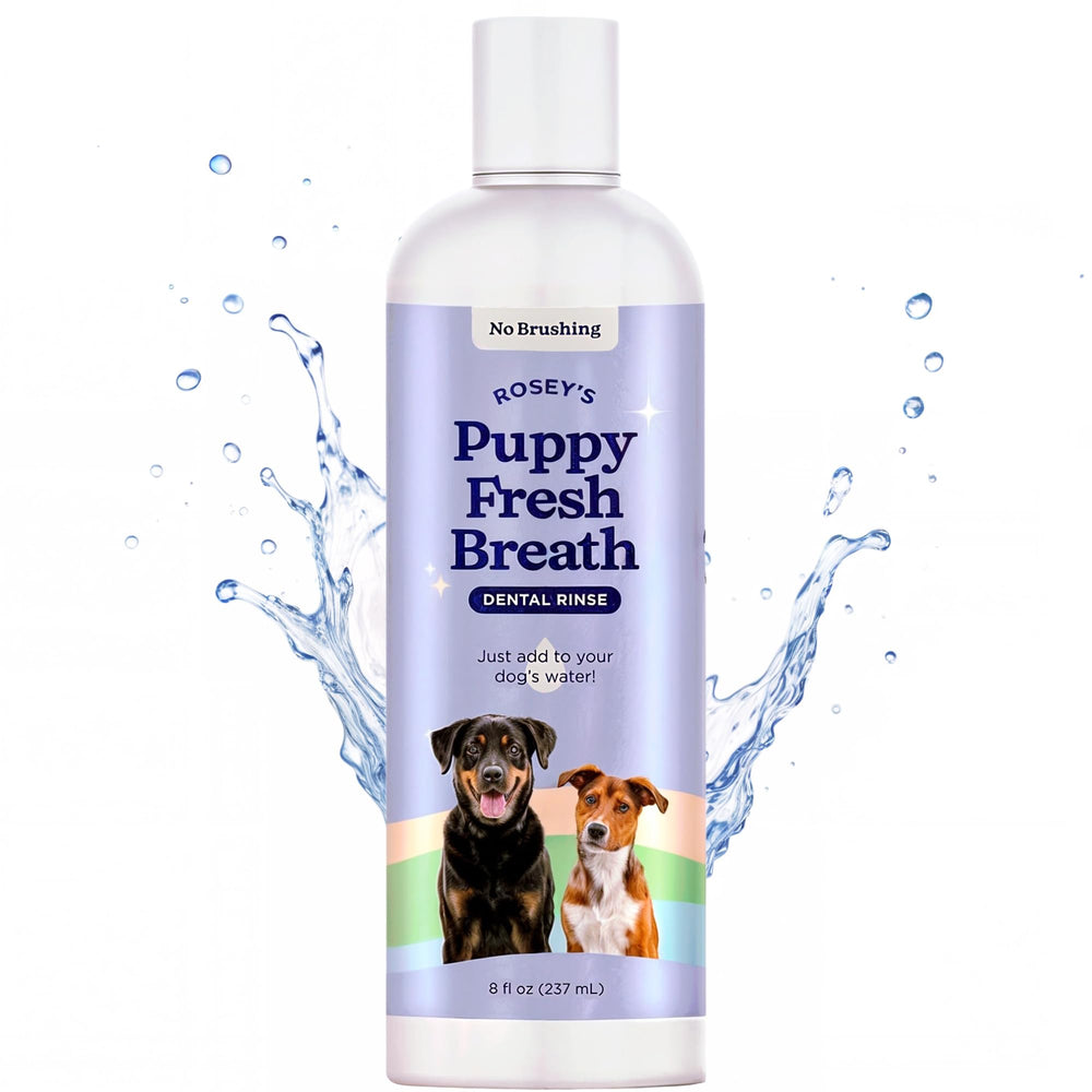 ROSEY'S PUPPY FRESH BREATH bottle closeup for daily dental care.