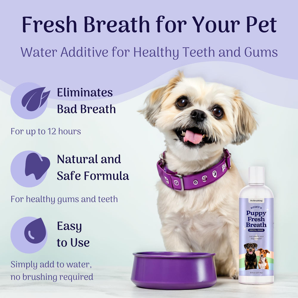 ROSEY'S PUPPY FRESH BREATH bottle pour showing easy daily use.
