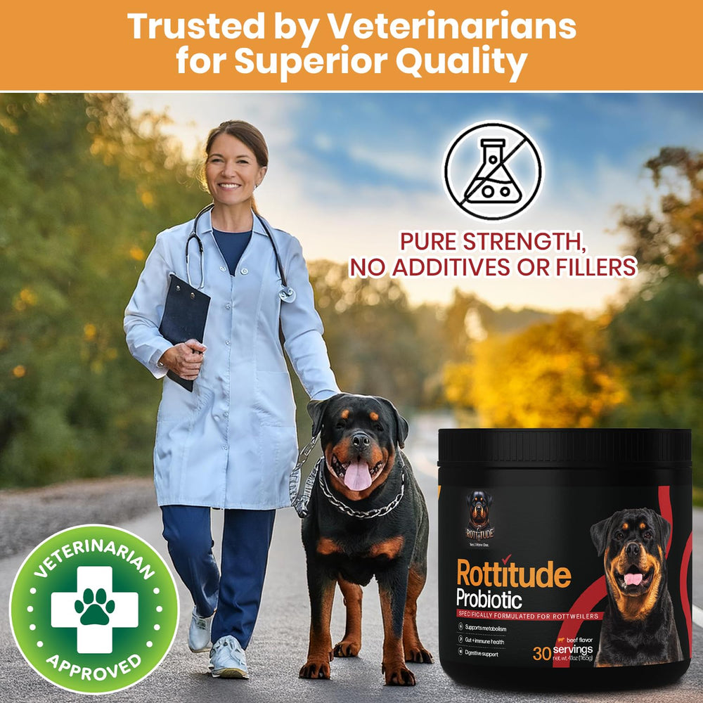 Daily dosage scoop beside the jar for easy Rottitude Probiotics dosing.
