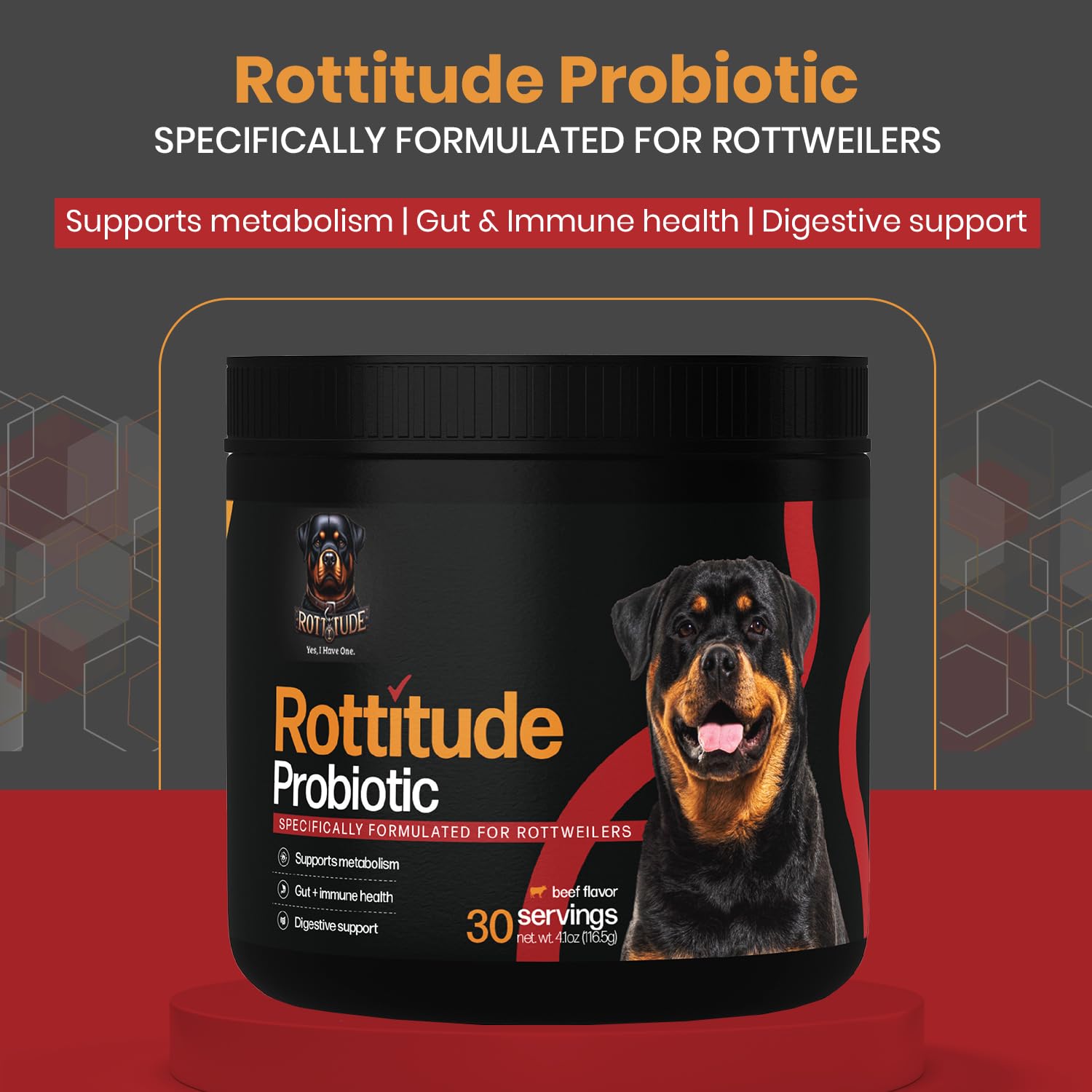 Rottitude Probiotics large-breed formula supporting immunity and vitality.