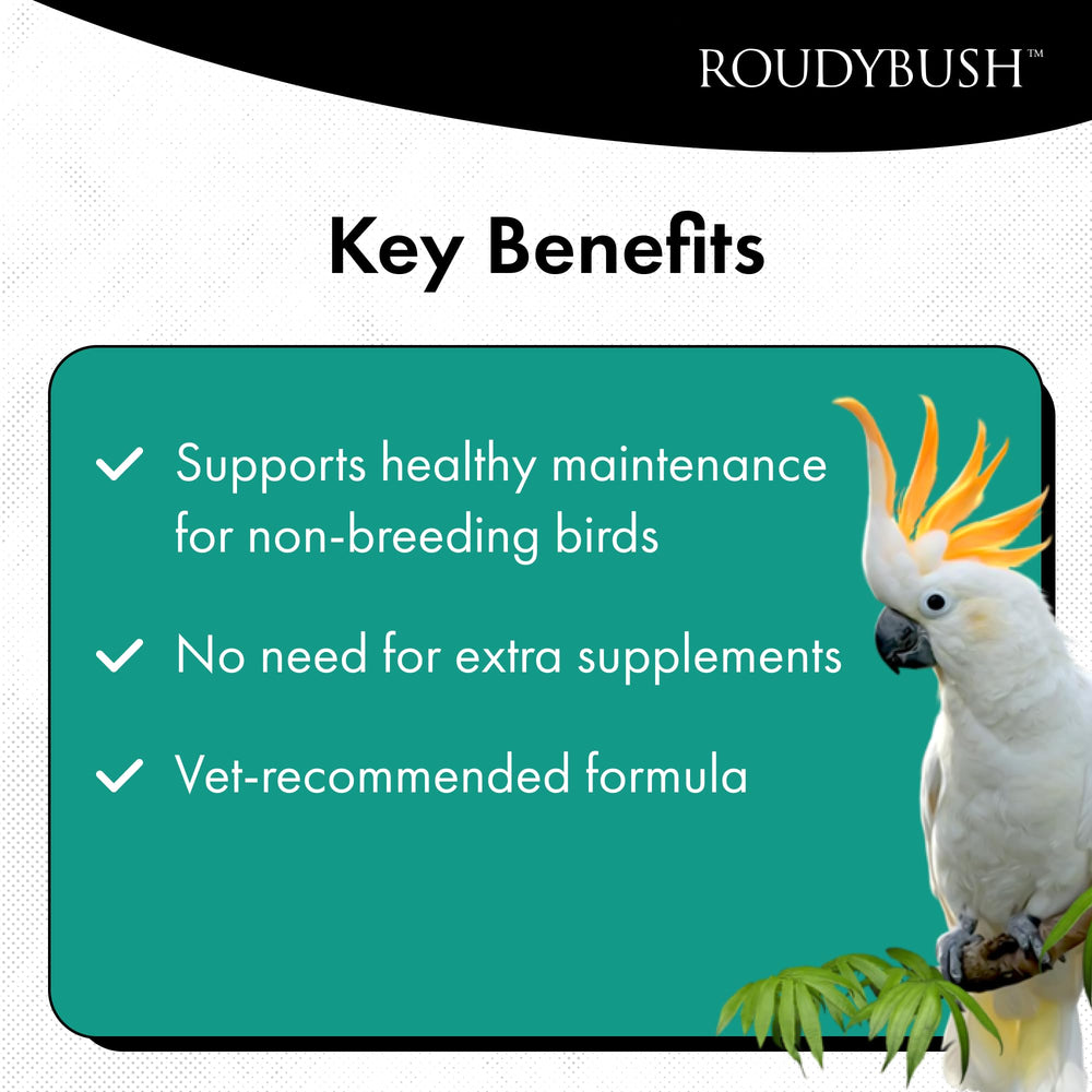 Roudybush birds eating pellets demonstrates easy transition from seed to balanced diet.