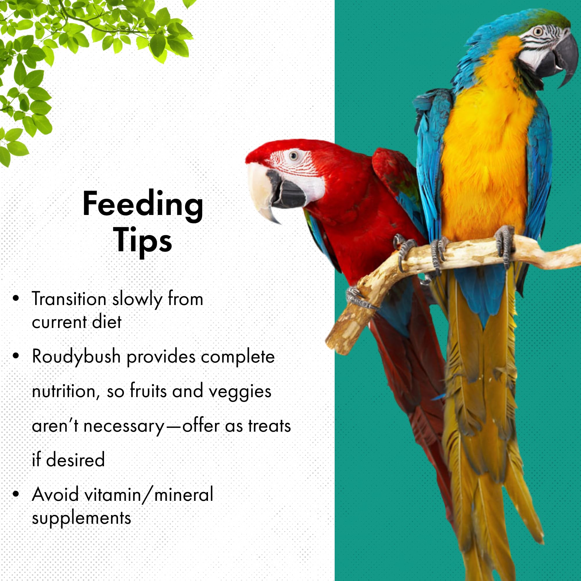 RoudyBush California Blend pellets sized for birds three inches or taller.