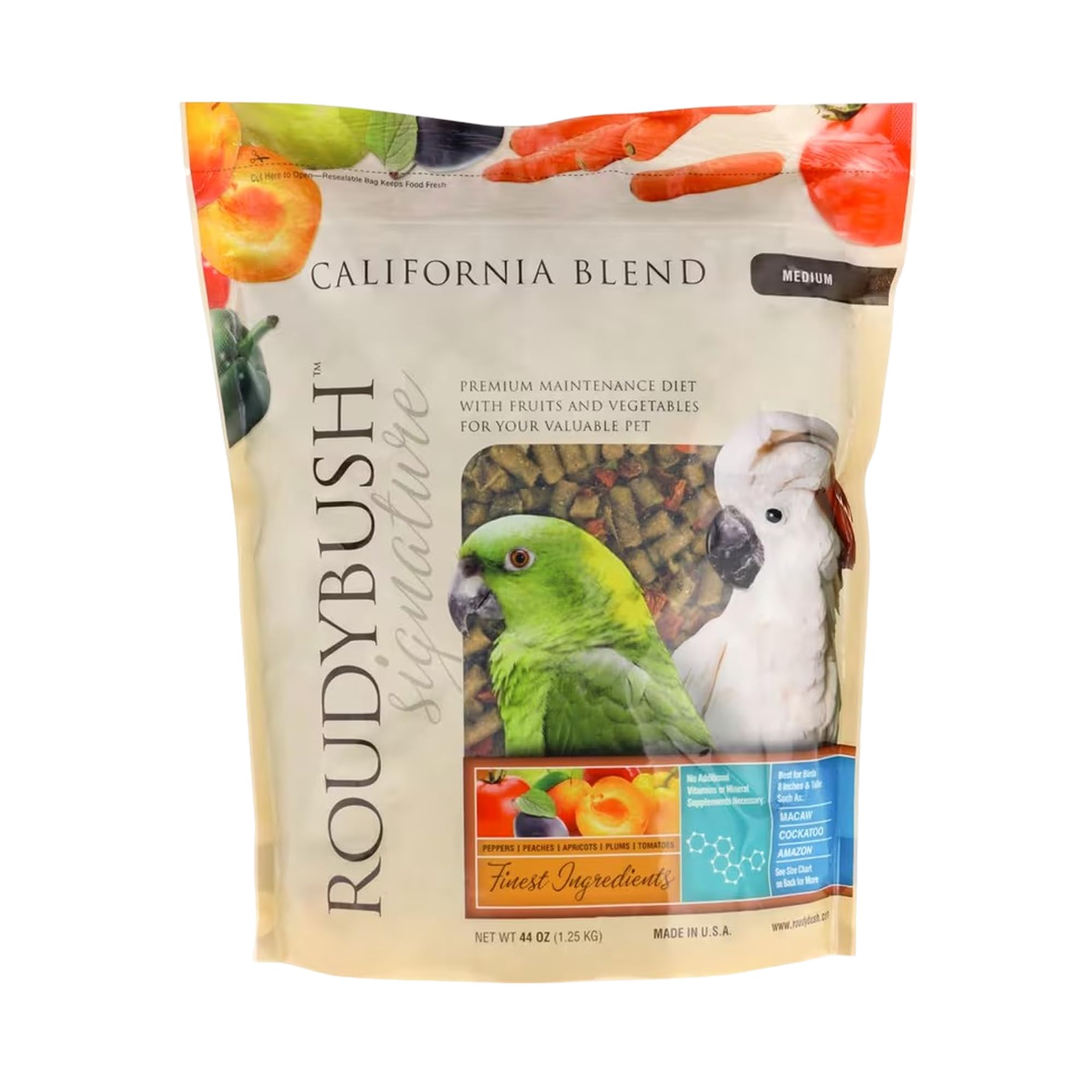 RoudyBush California Blend pellets in feeder promote balanced nutrition.
