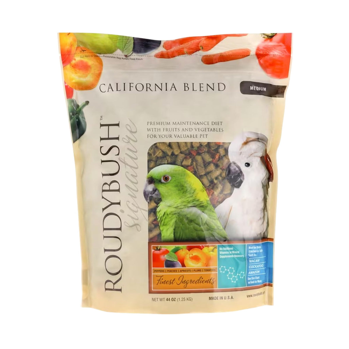 RoudyBush California Blend pellets in feeder promote balanced nutrition.
