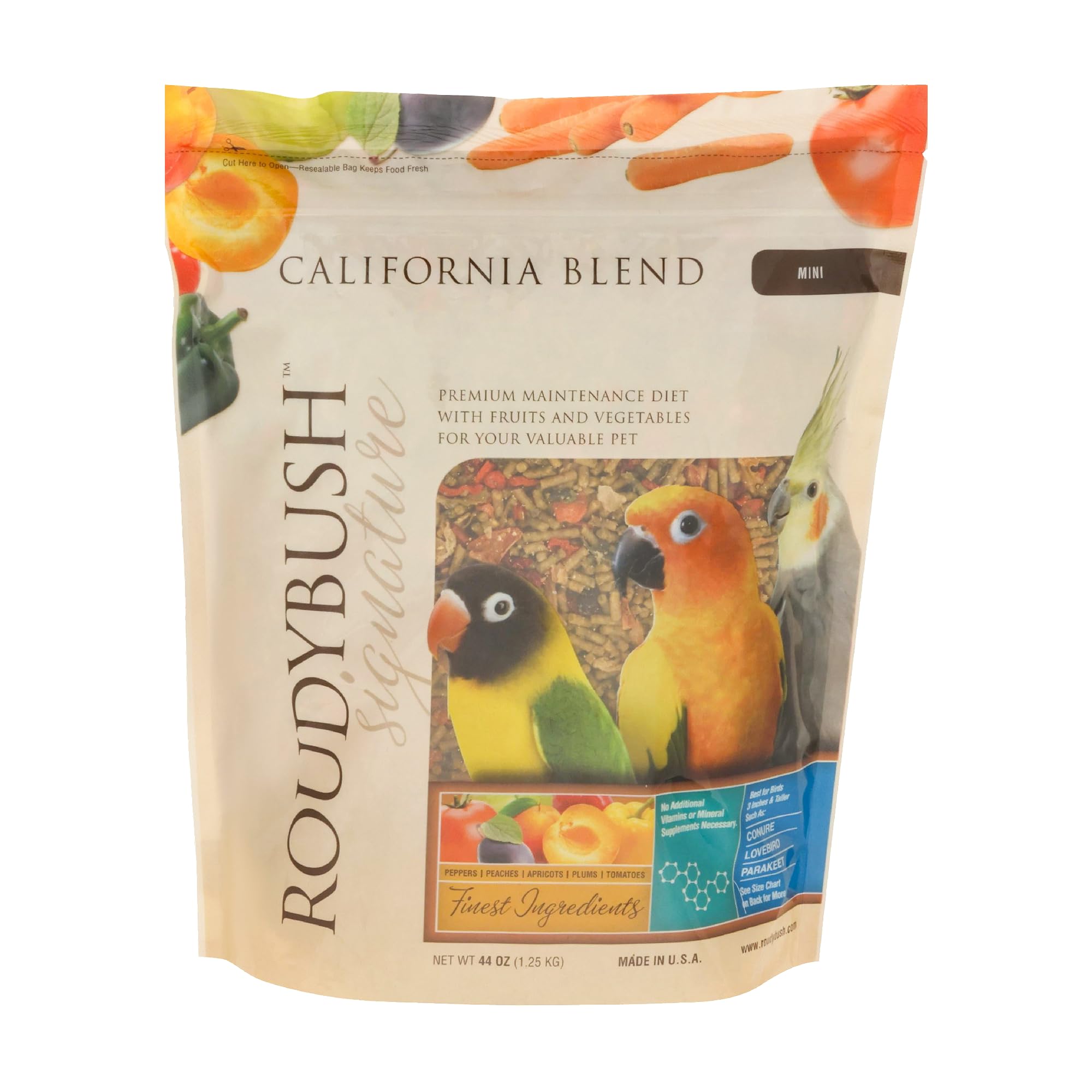 Roudybush California Blend pellets in packaging showing wholesome nutrition.