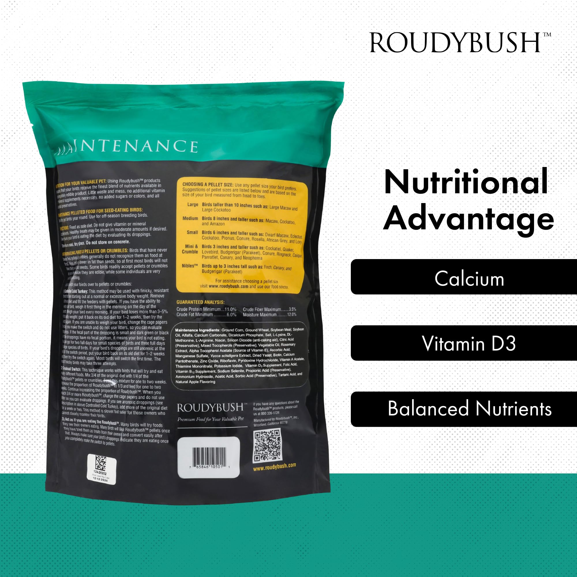 RoudyBush Daily Maintenance Crumbles pellet size suited for medium parrots.