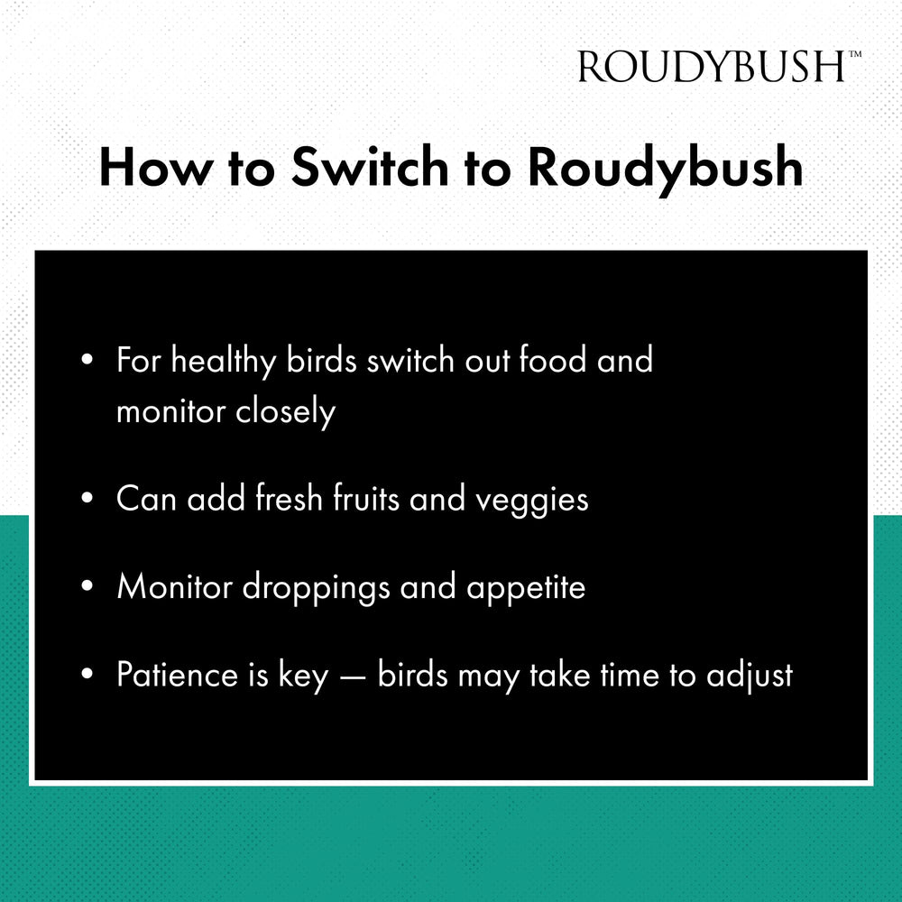 RoudyBush Daily Maintenance Crumbles three-inch birds image demonstrating appropriate pellet fit.