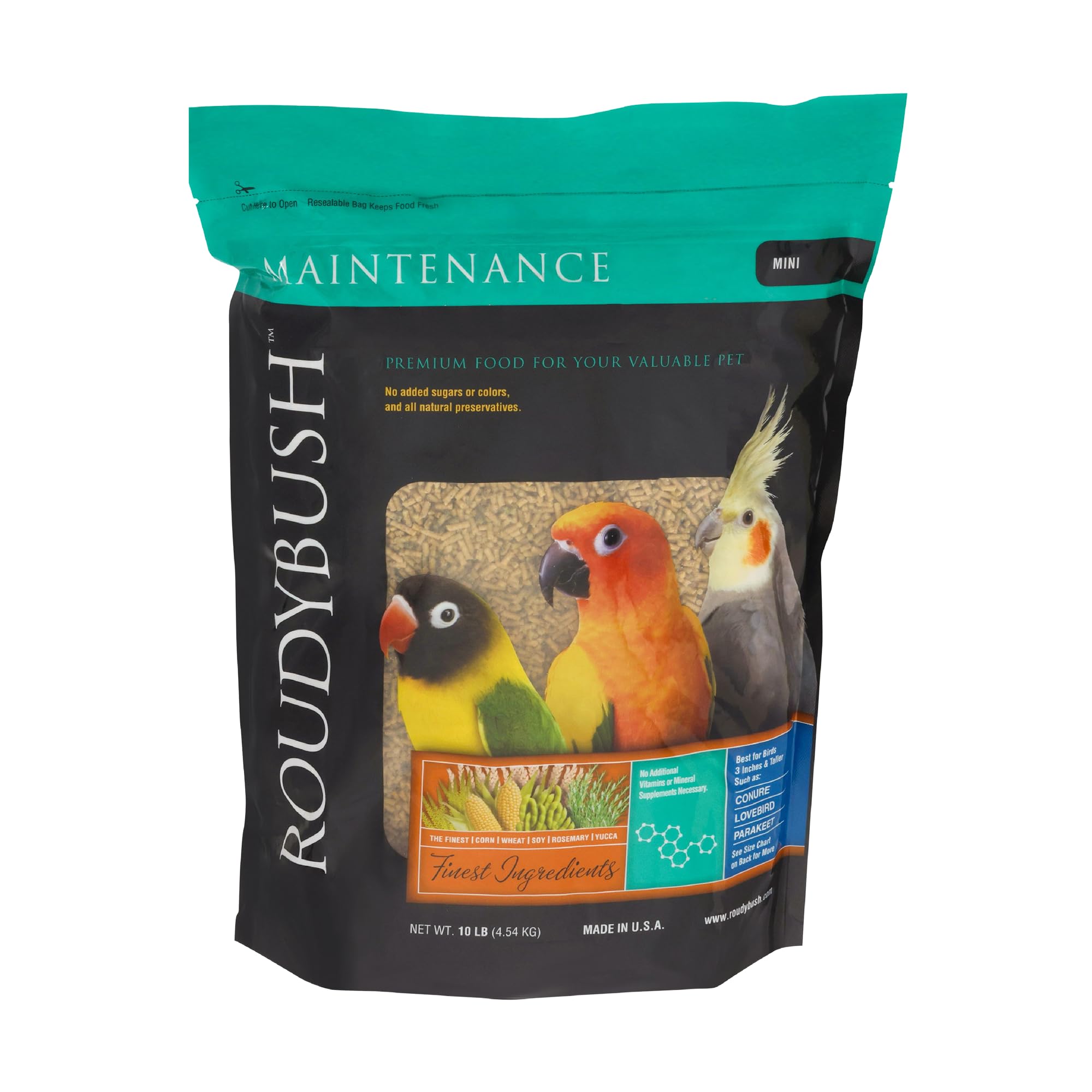 RoudyBush Daily Maintenance Bird Food mini 10lb bag showing balanced nutrition for small birds.