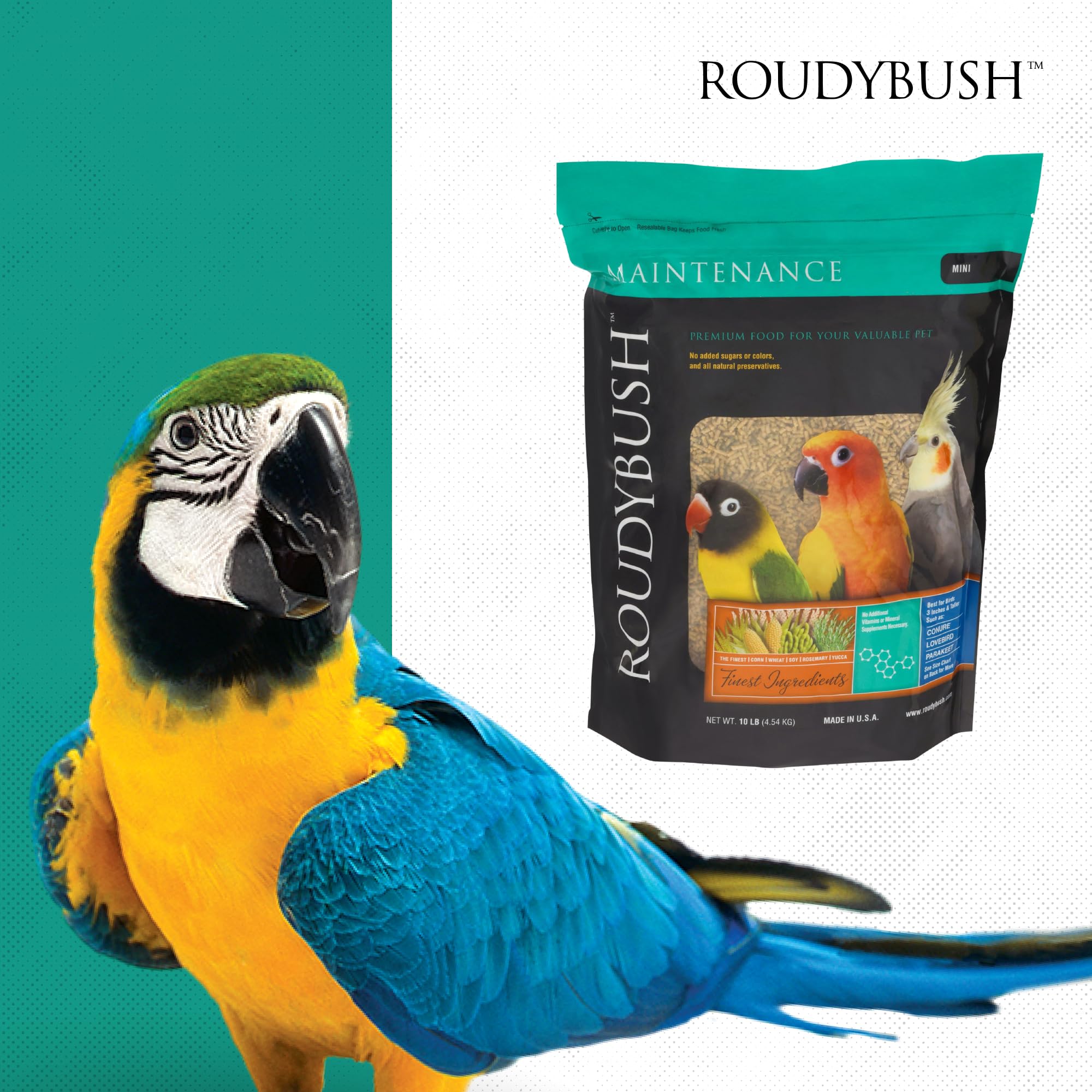 RoudyBush bag and label image communicates easy home feeding and consistent nutrition.