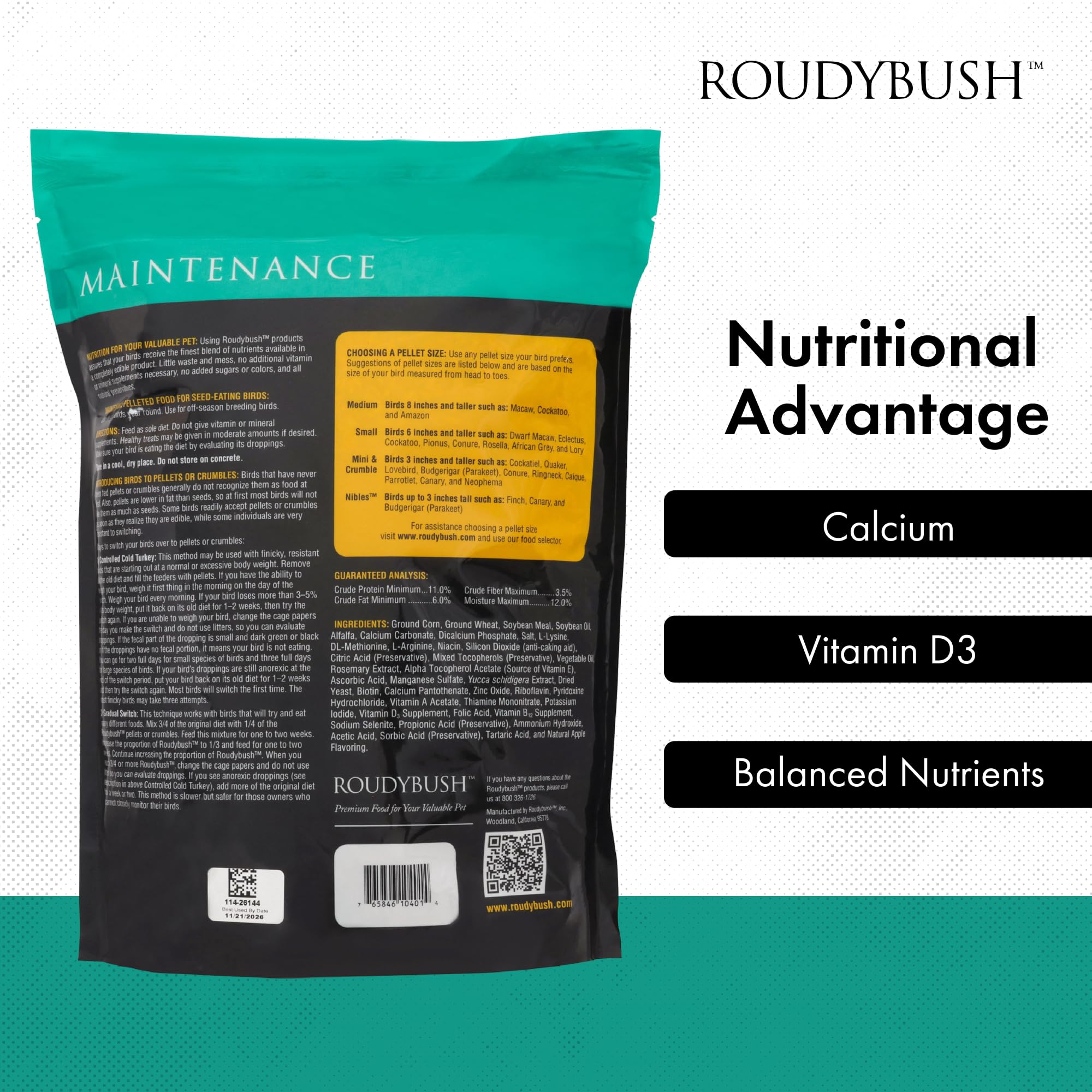 RoudyBush ingredient blend close-up emphasizing corn, wheat, soy and vitamins.