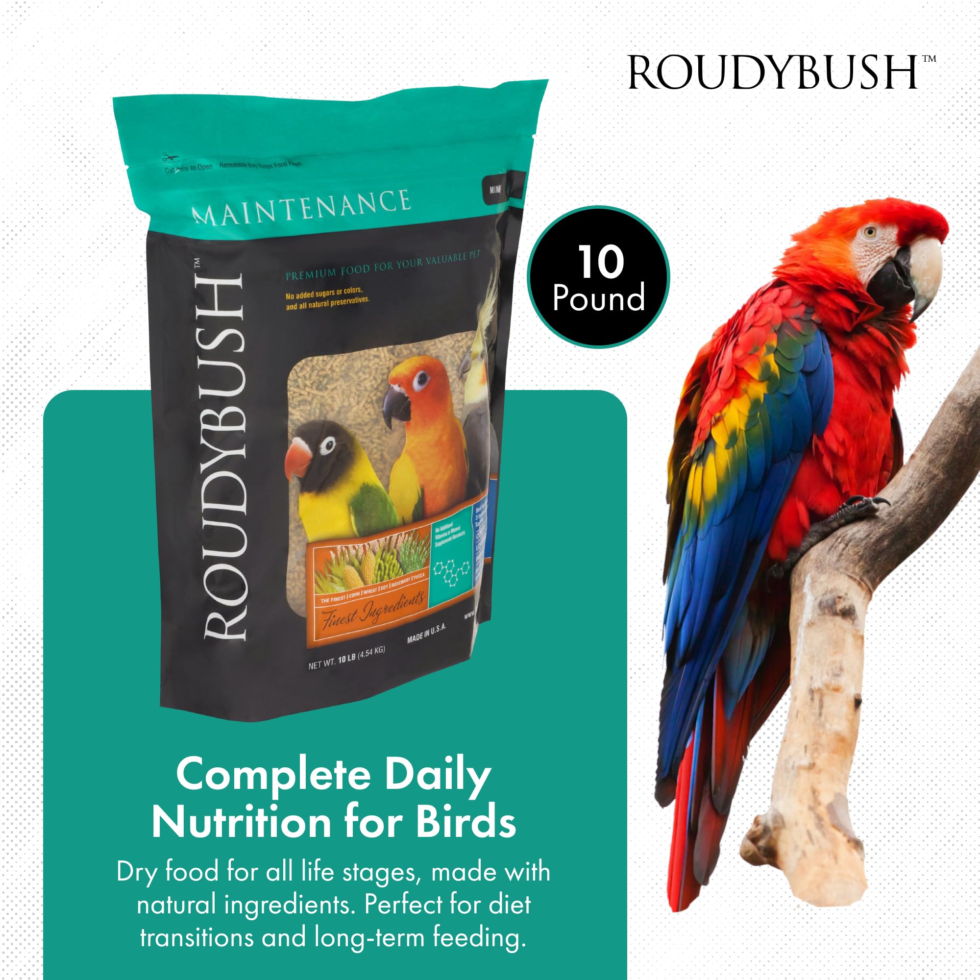 RoudyBush pellets close-up highlighting uniformly shaped mini pellets for precise feeding.