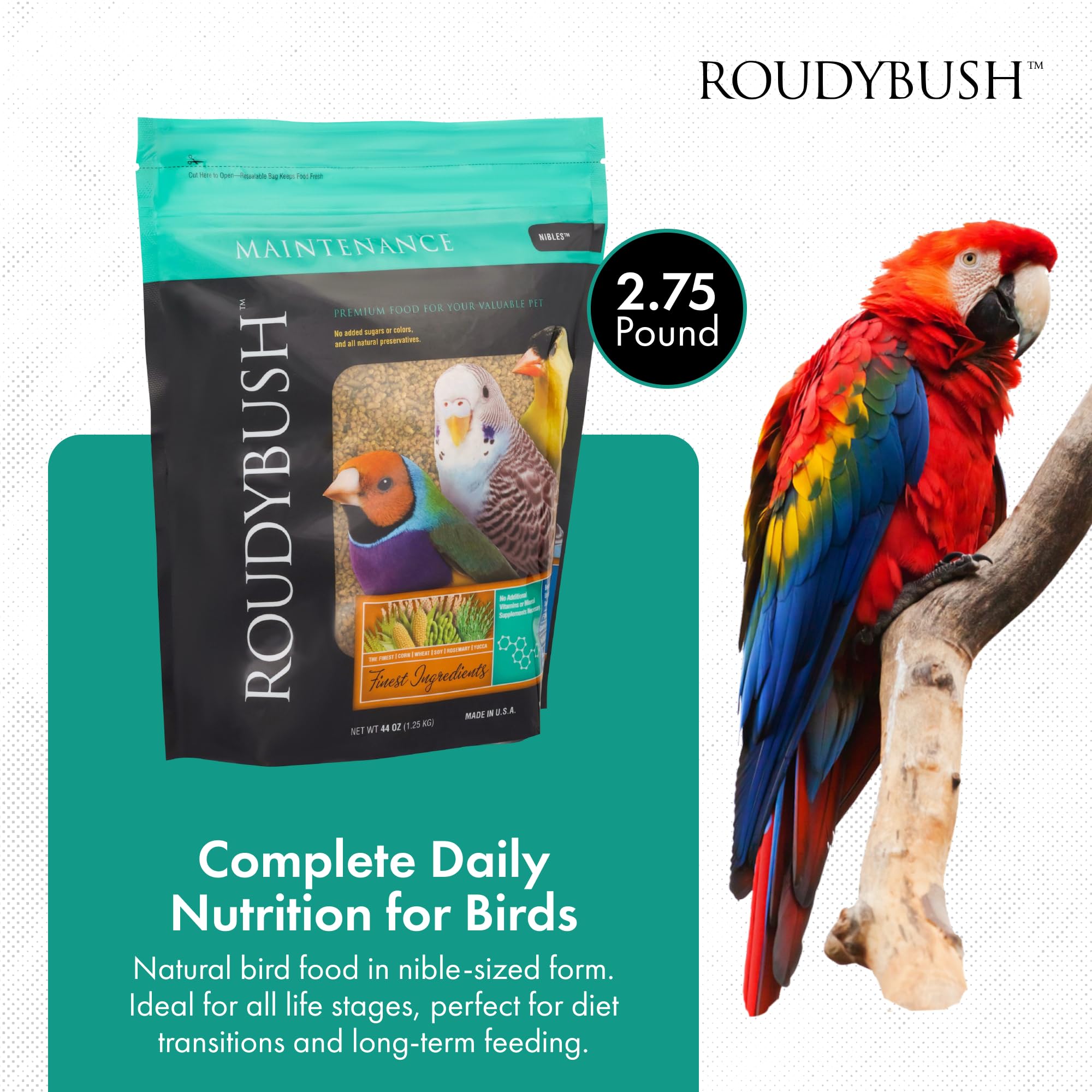 Roudybush pellets closeup shows nutrient-rich formula for healthy small birds.