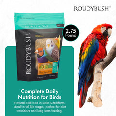 Roudybush pellets closeup shows nutrient-rich formula for healthy small birds.