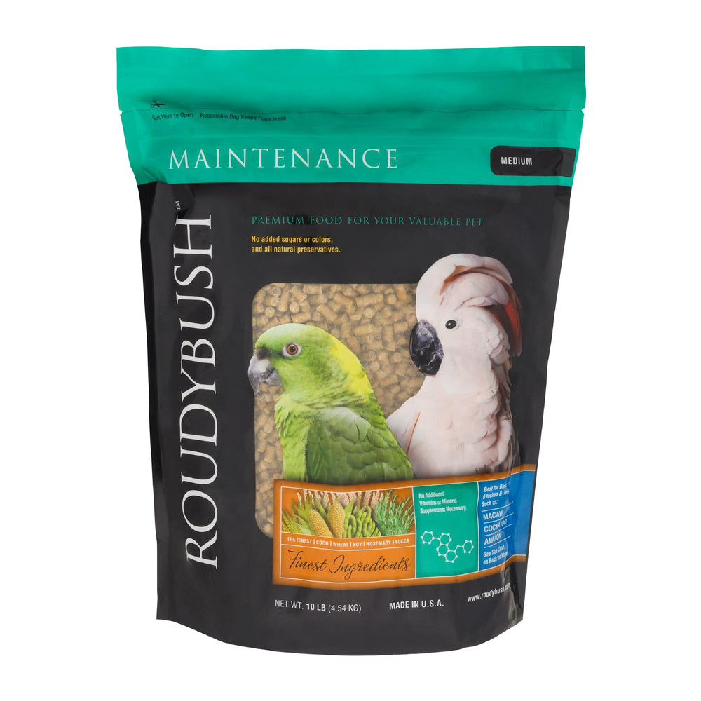 RoudyBush daily maintenance food bag shows balanced nutrition for adult birds