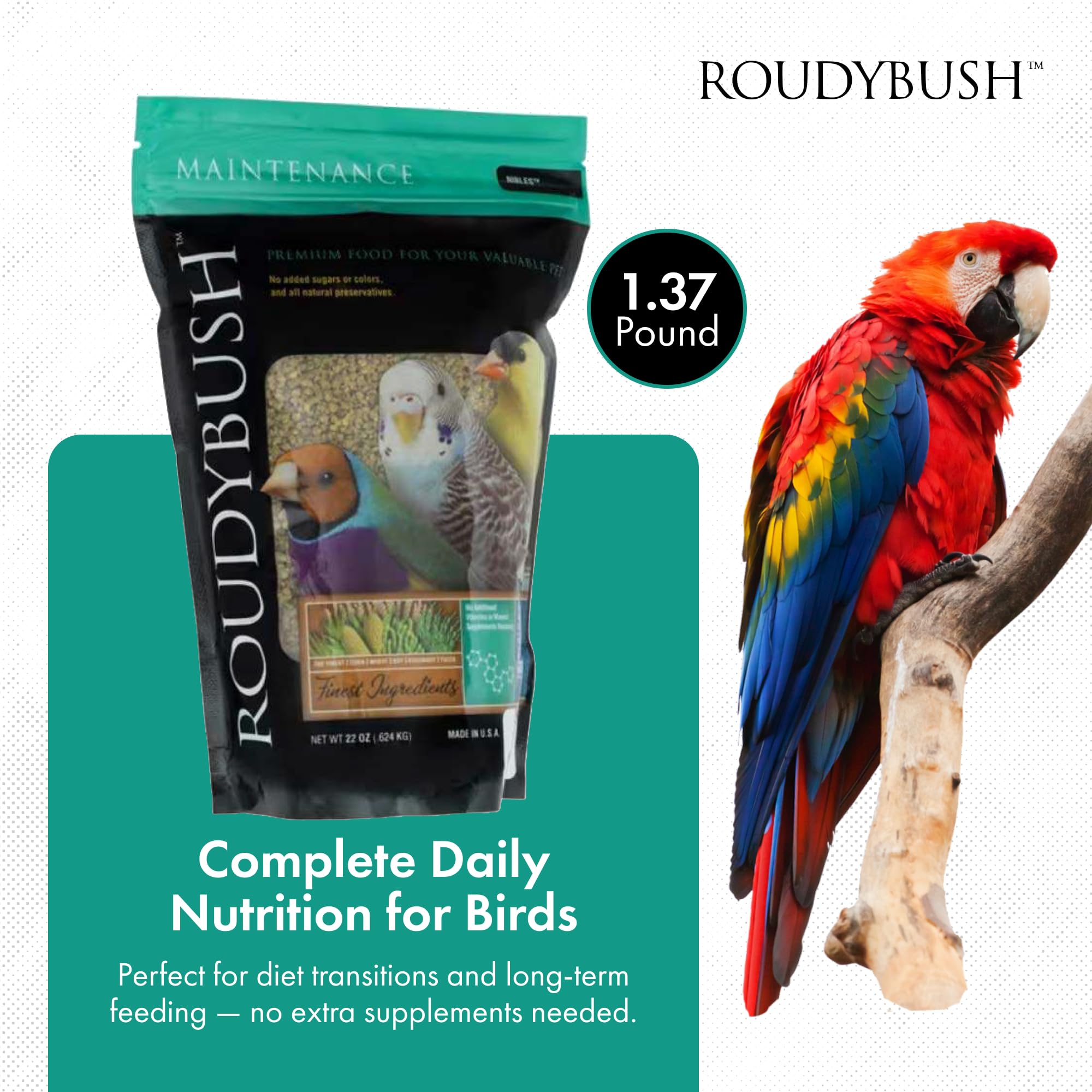 Roudybush Daily Maintenance packaging highlighting formula and tub size