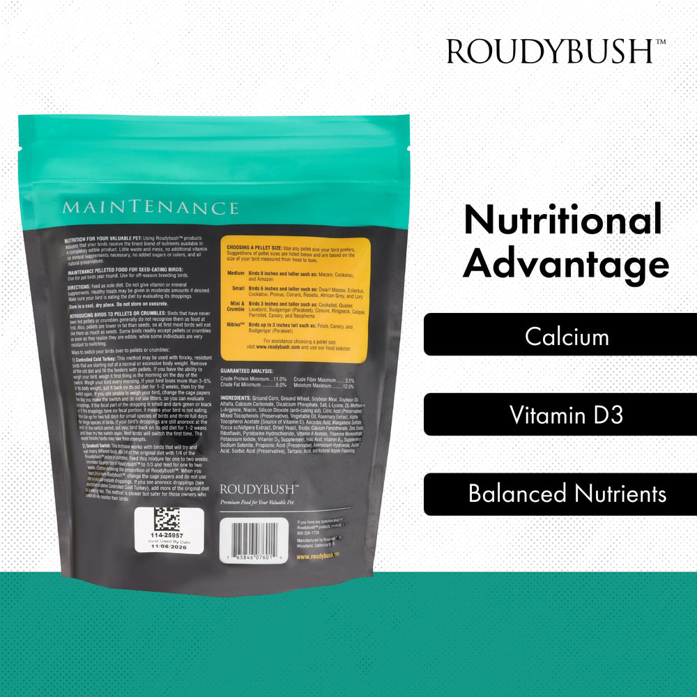 Roudybush pellets texture closeup highlights uniform shape for cleaner feeding.