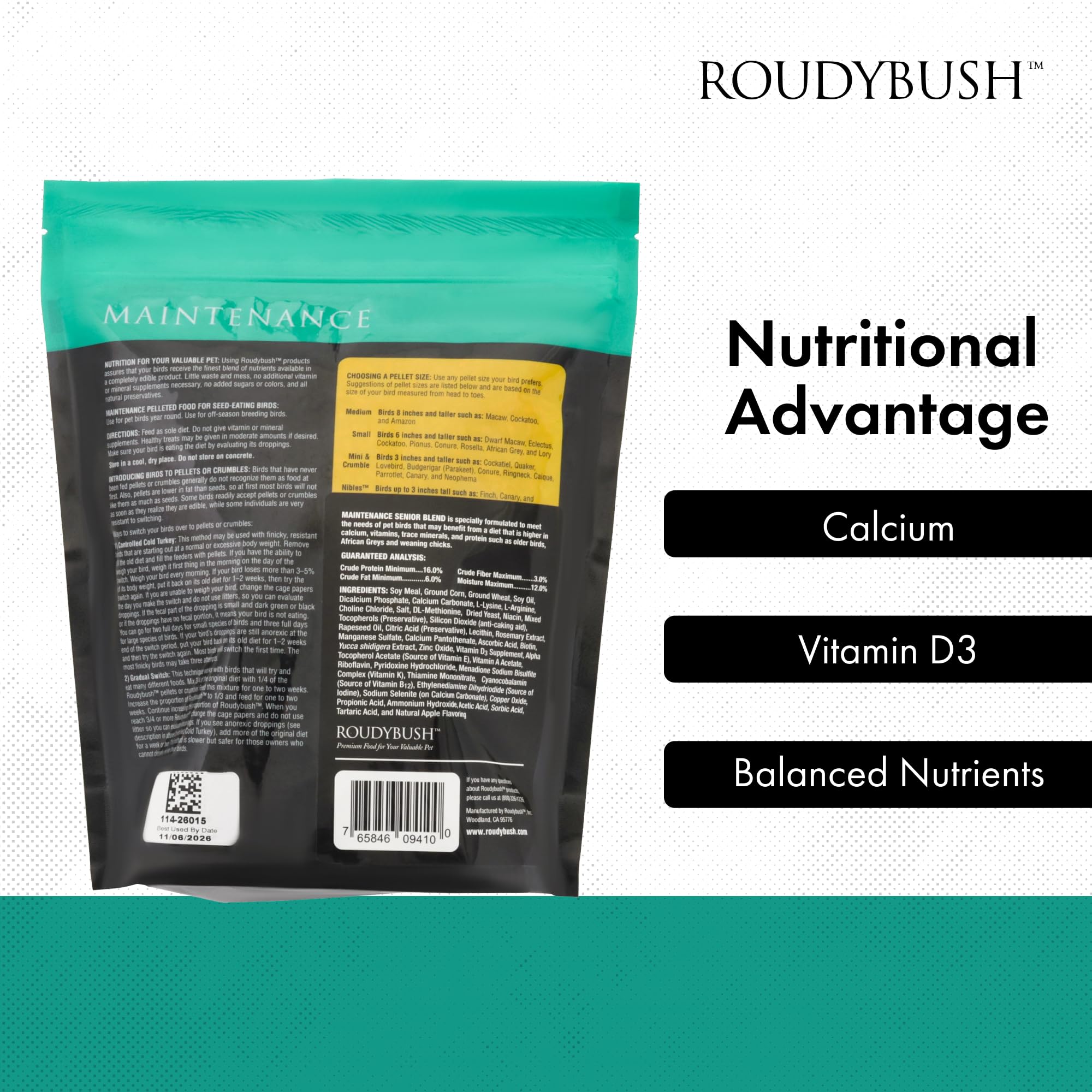 RoudyBush Senior Diet ingredients like corn, wheat and soy support balanced nutrition.