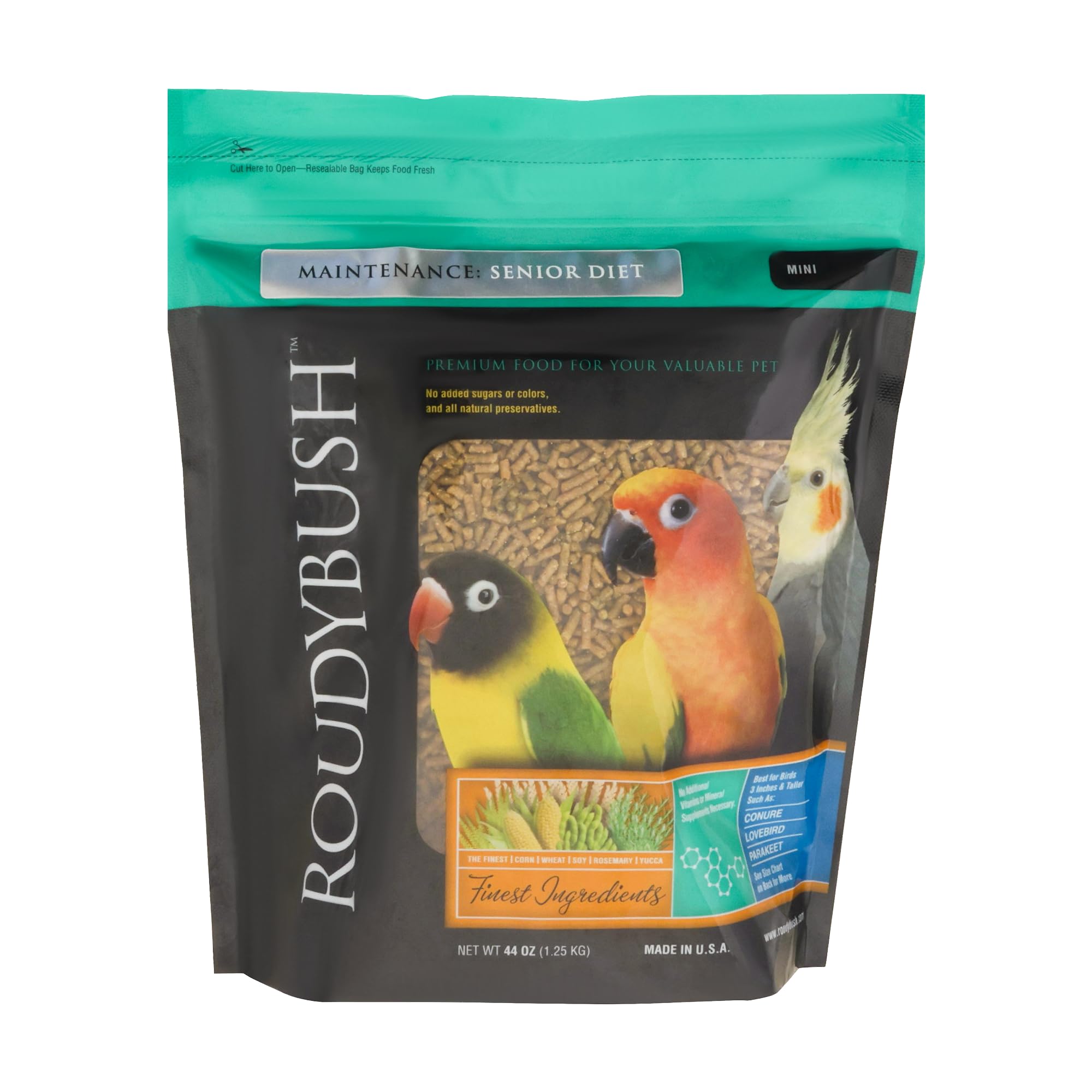 RoudyBush Senior Diet pellets closeup for balanced senior nutrition.
