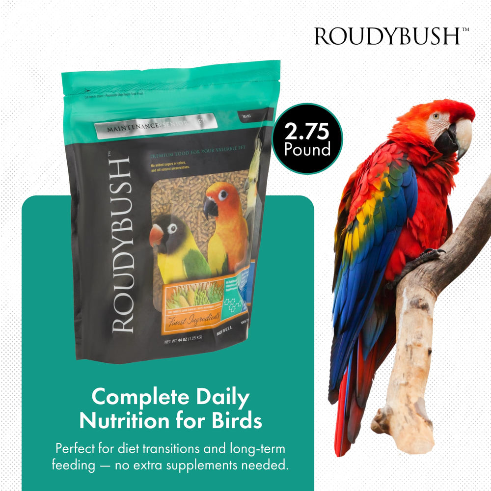 RoudyBush Senior Diet pellets in bowl for easy feeding.
