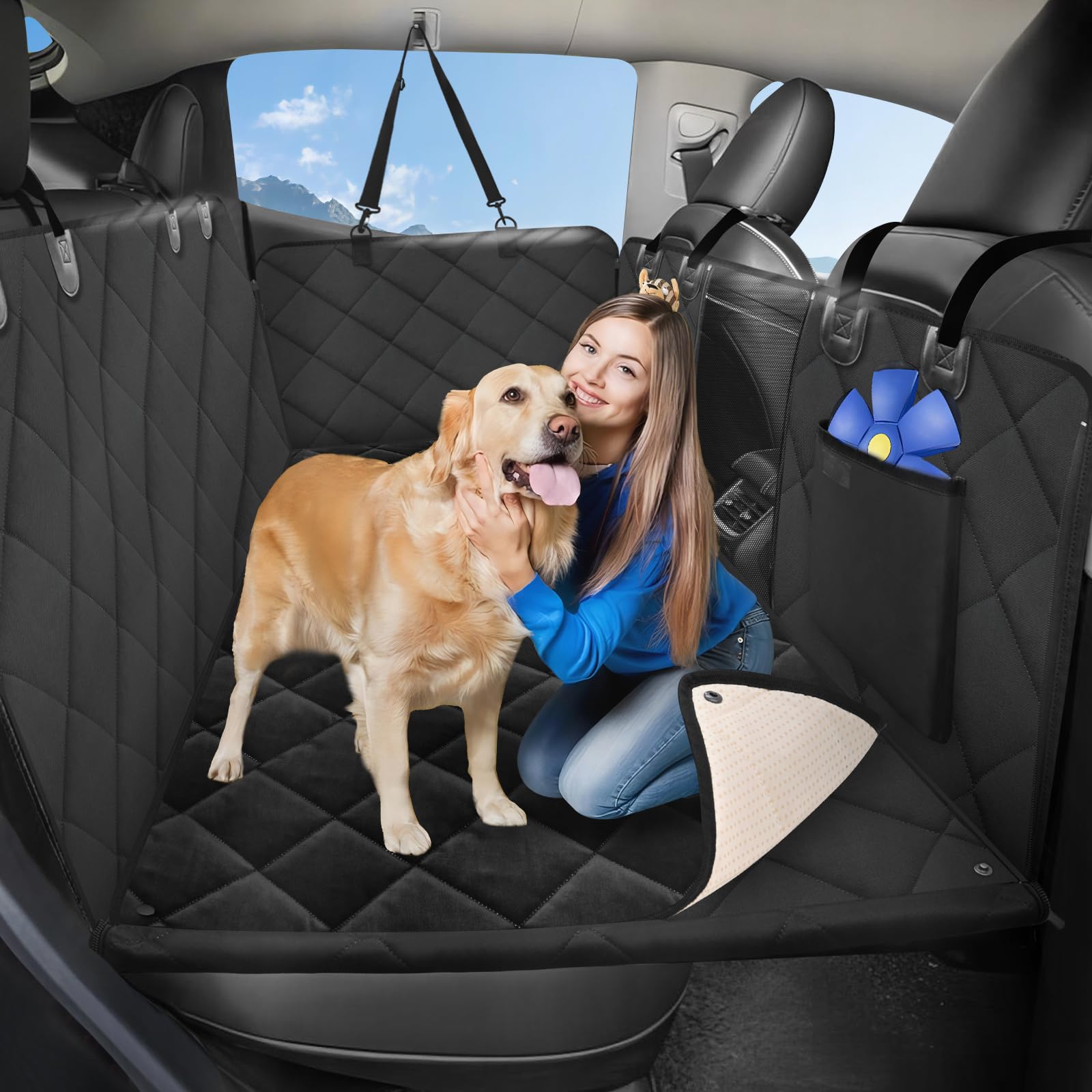 ROUWINNE back seat extender covers full rear area for dogs and cleanliness.