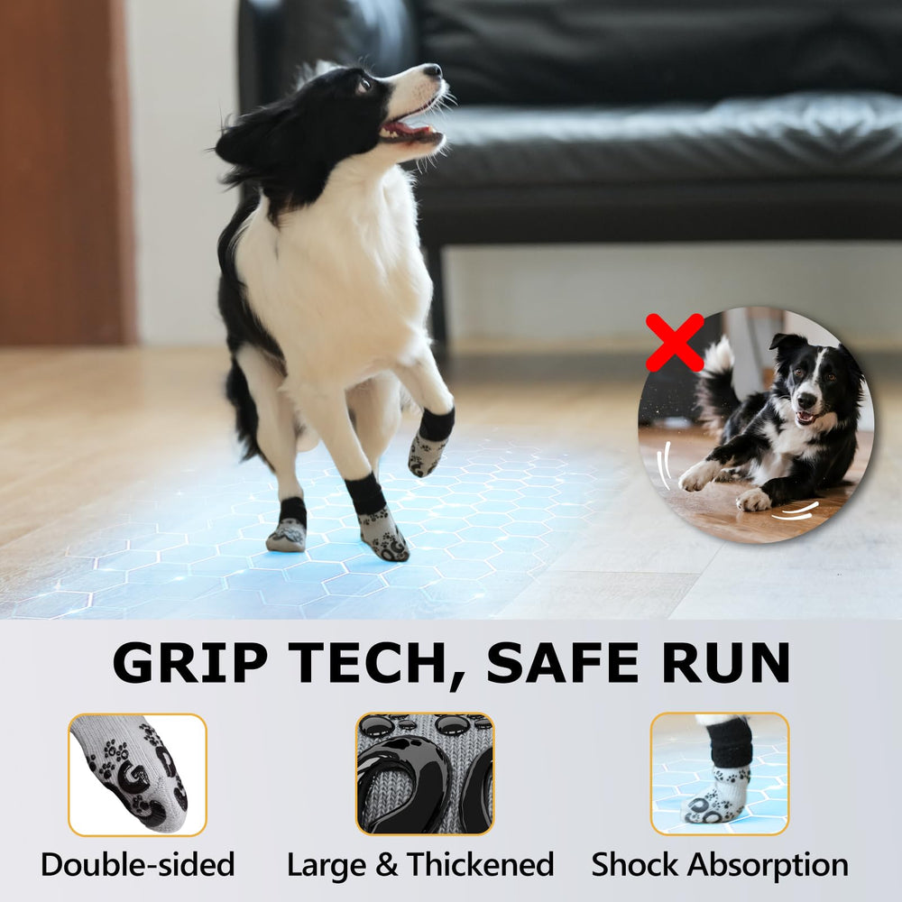Rouwinne dog socks shown on hardwood floor demonstrating grip