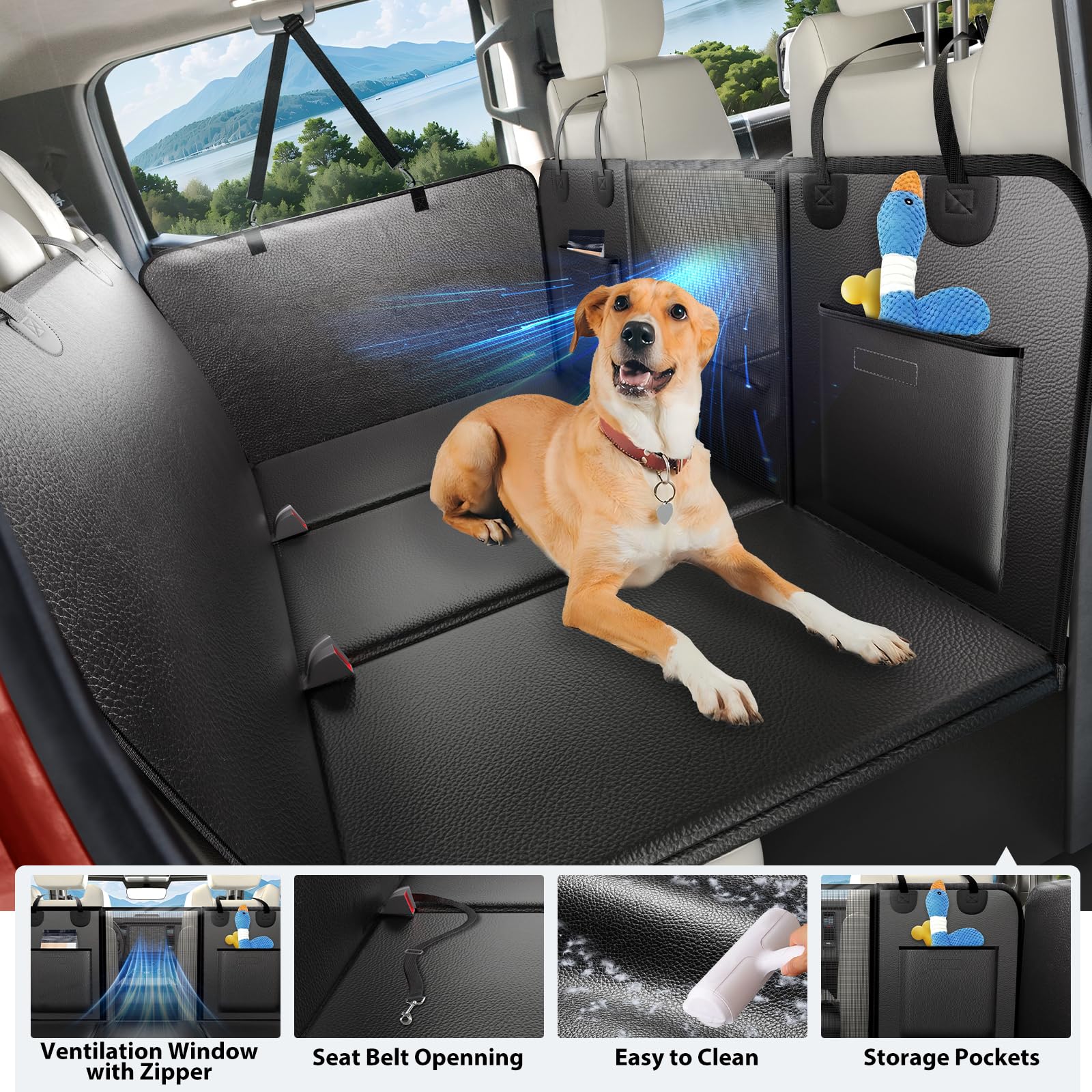 Full-coverage back seat protects seats and doors from dirt and claws