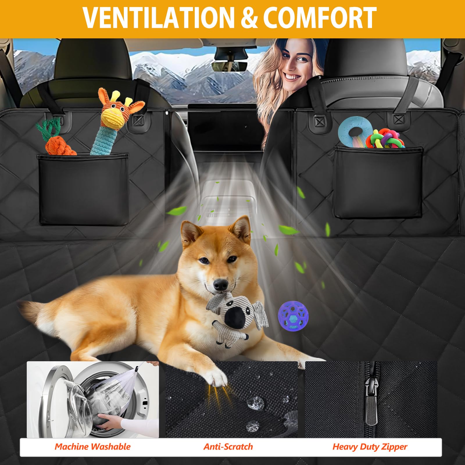 ROUWINNE built-in storage pockets for toys and treats during trips.