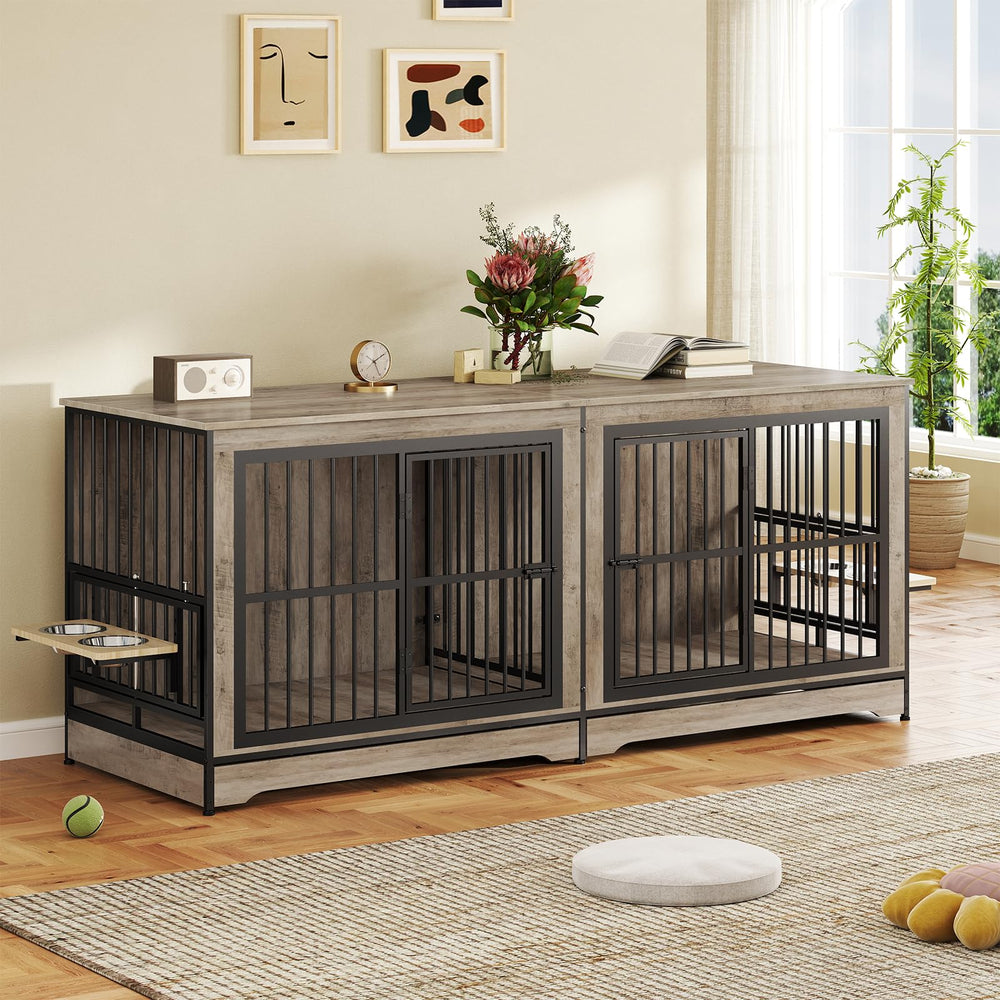 Rovibek 78 front view of double dog crate furniture built for two large dogs