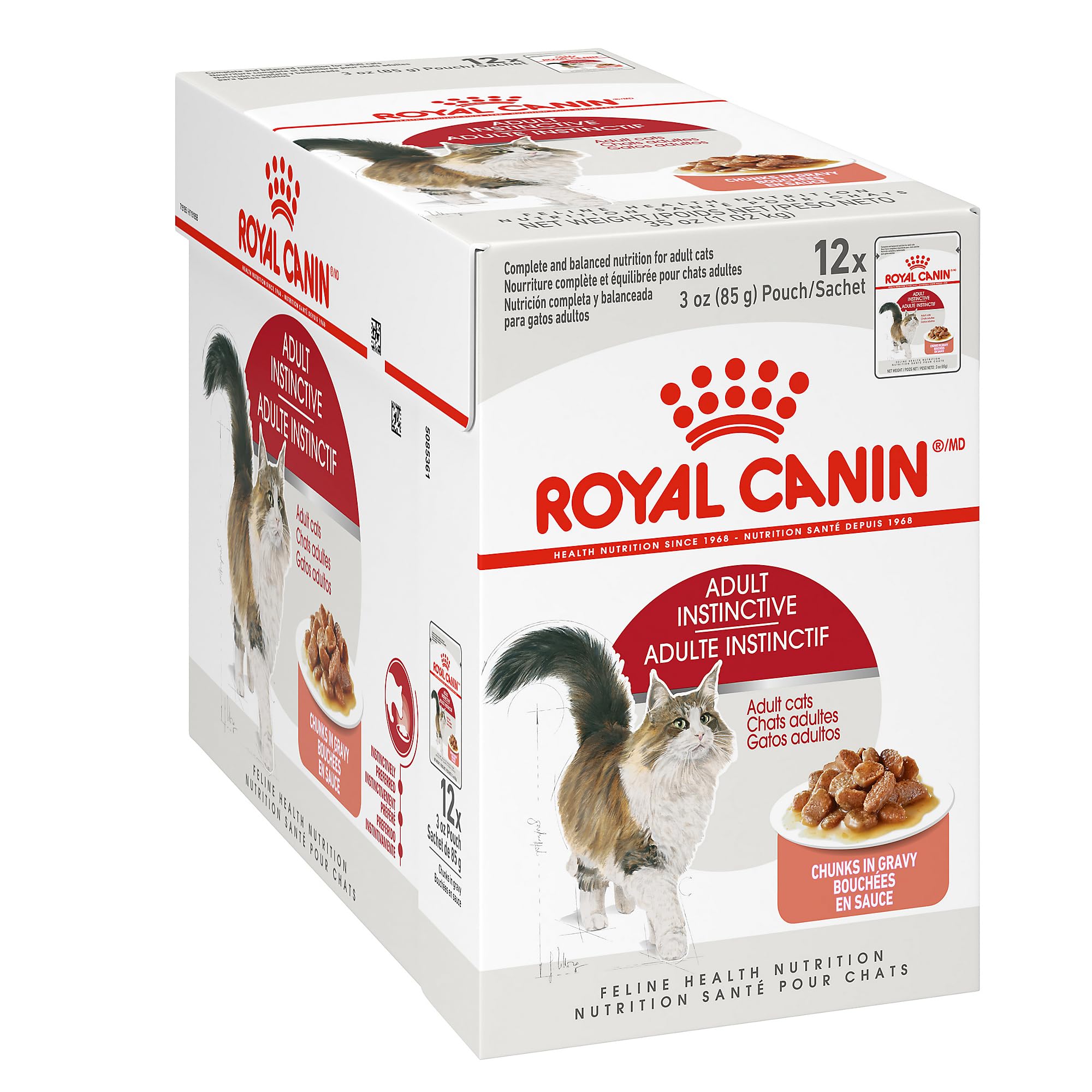 Royal Canin instinctive chunks in gravy pouch showing balanced nutrition for adult cats.