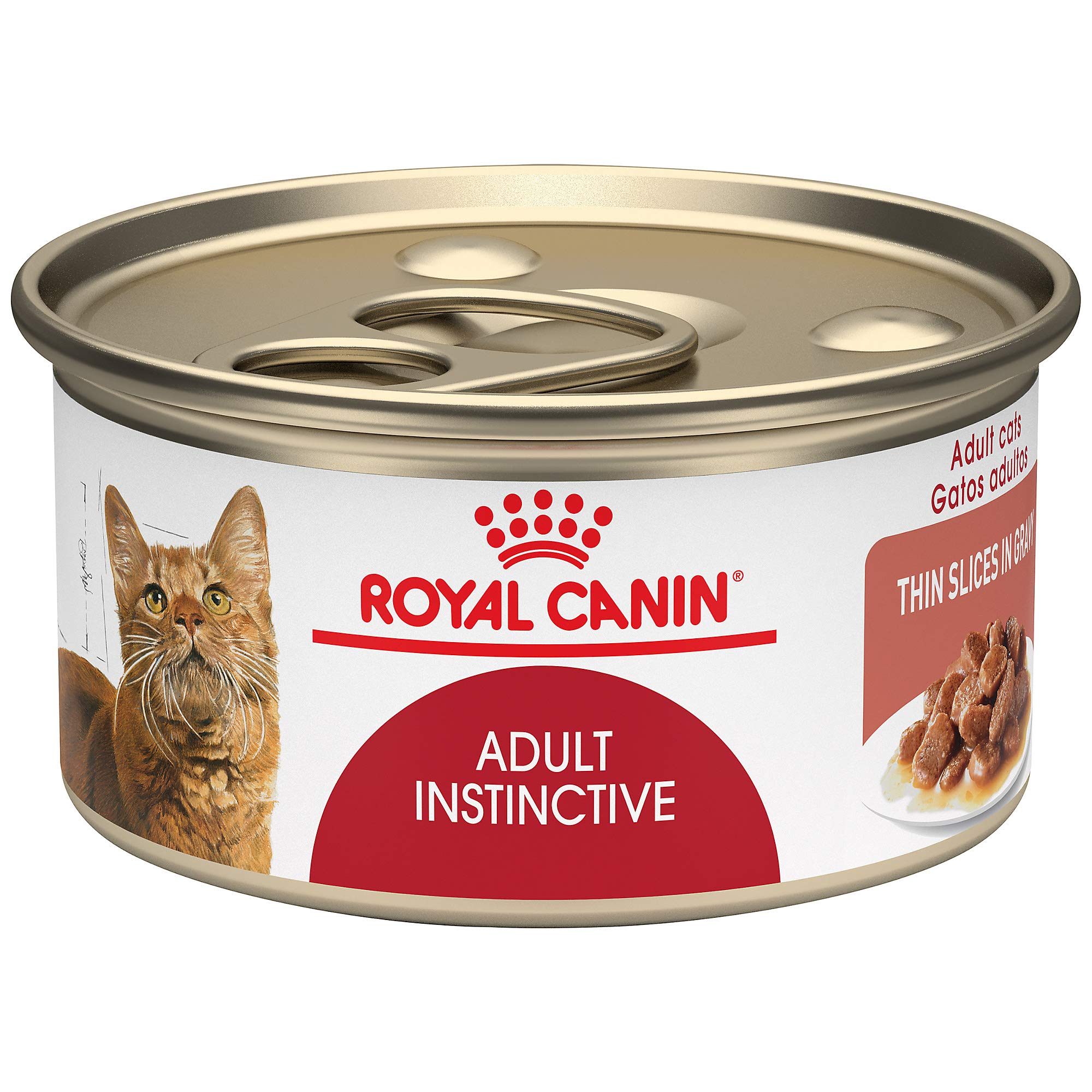 Royal Canin adult instinctive slices in gravy cat food bowl for indoor cats.