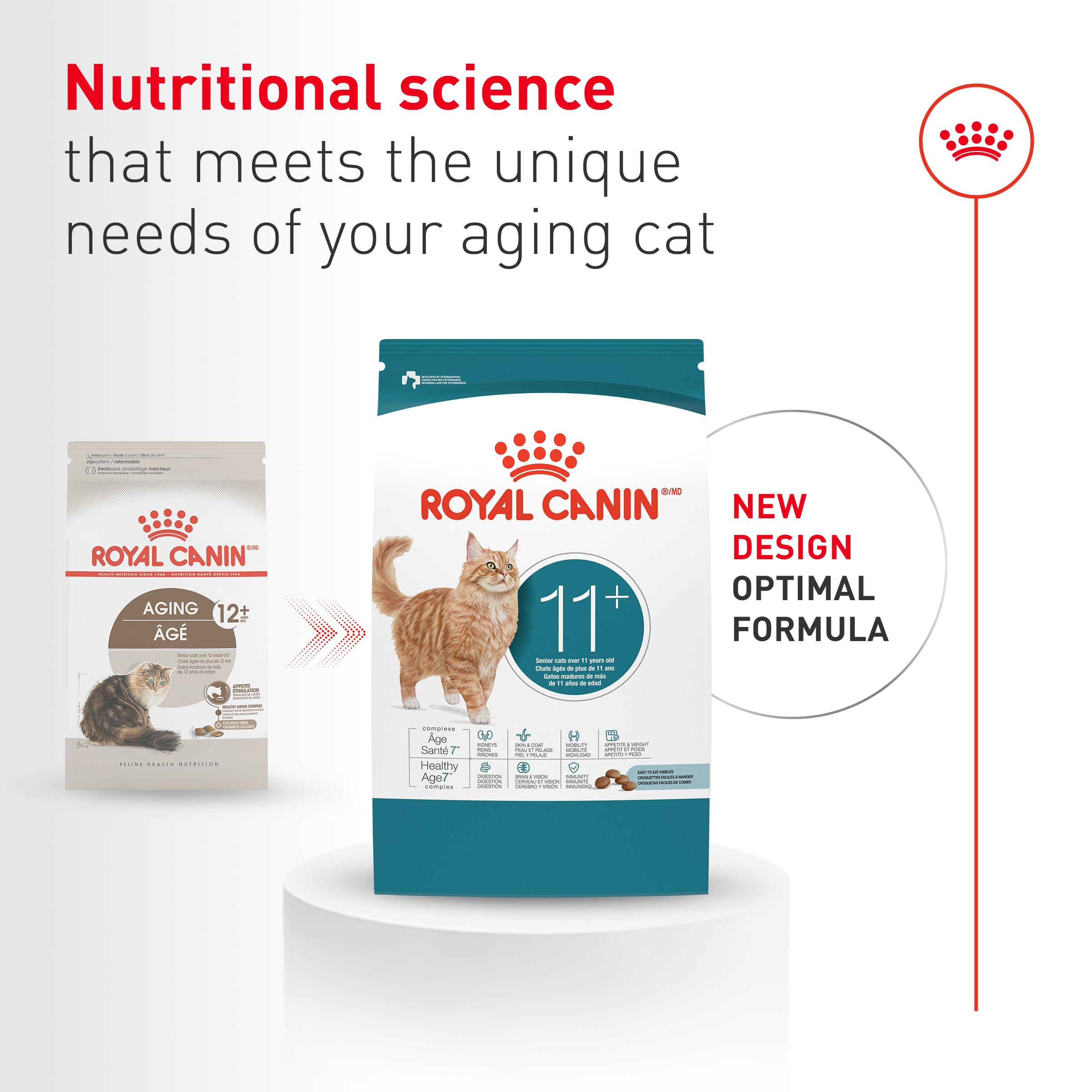 Close-up of Aging 11+ kibble texture supports easy chewing for older cats.