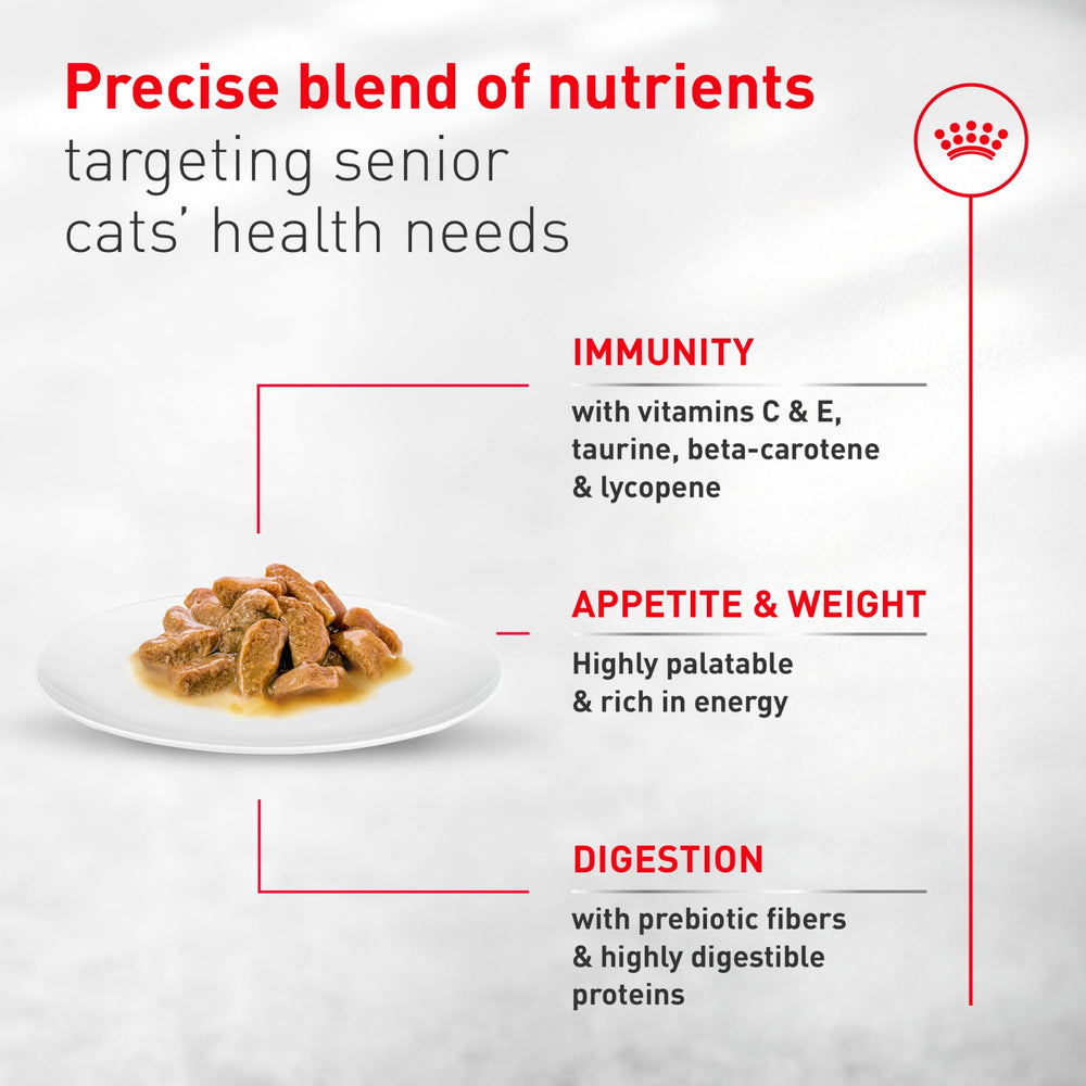Packaging of Royal Canin Aging 11 Plus 3 oz cans in a 24 count case.