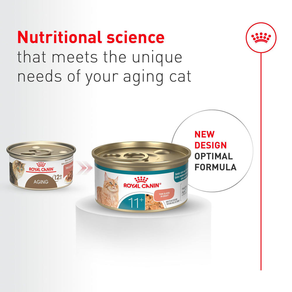 Royal Canin Aging 11 Plus senior cat food closeup highlights easy to chew texture.