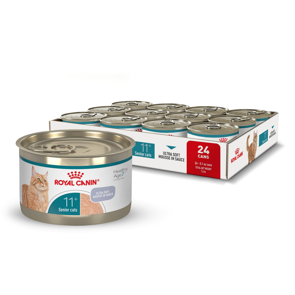 Royal Canin Aging 11+ Ultra Soft Mousse in Sauce in bowl, easy-to-chew for seniors.