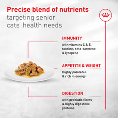 Royal Canin Aging 11+ wet cat food can with gravy, easy to chew for seniors.
