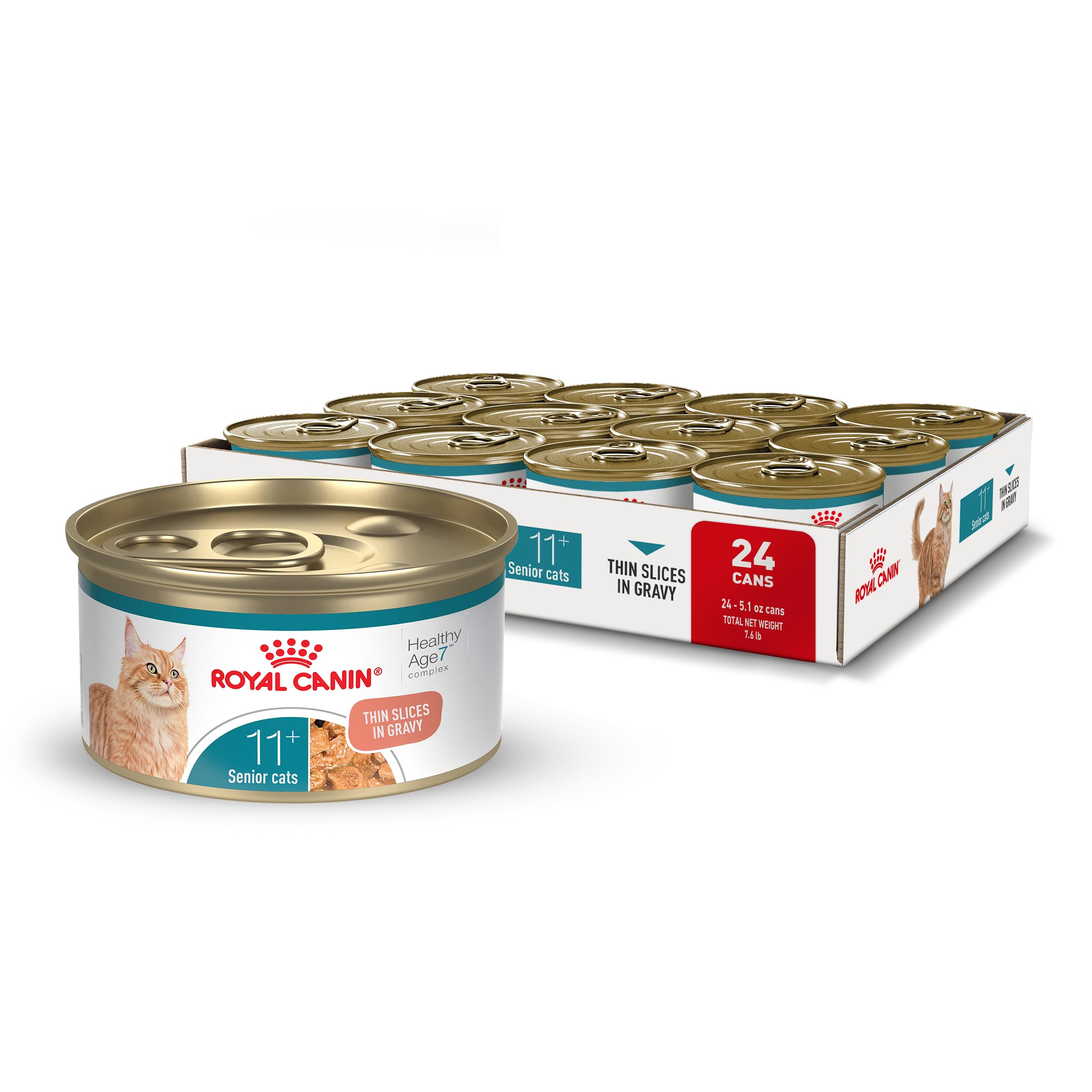 Royal Canin Aging 11 Plus wet slices in gravy support senior cat appetite and vitality.