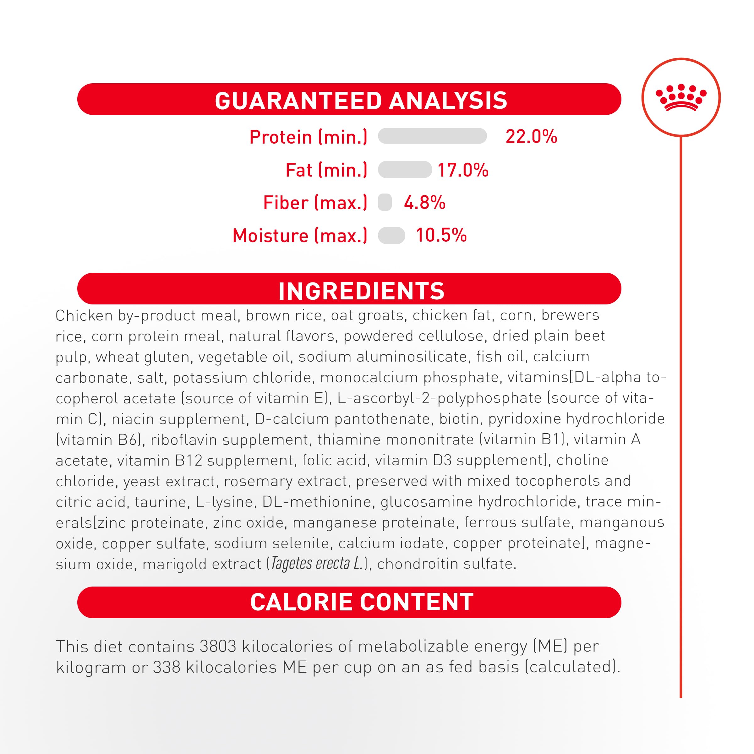 Royal Canin bag label close-up highlighting trusted brand commitment to pet health.