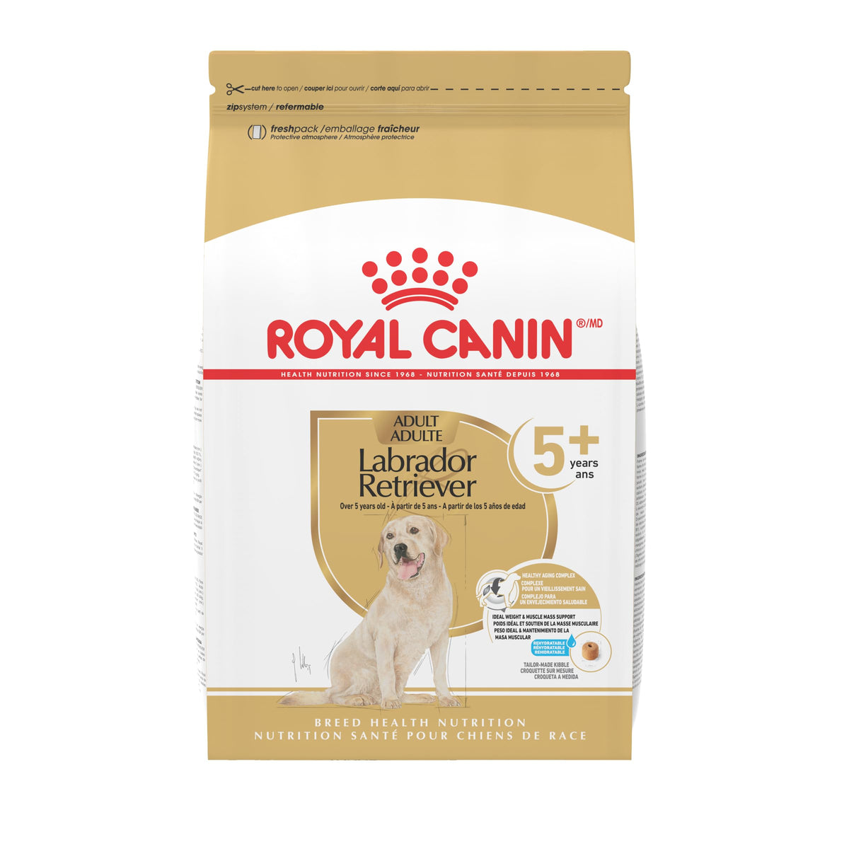 Royal Canin Labrador 5+ dry food bag showcasing senior nutrition for aging labs.